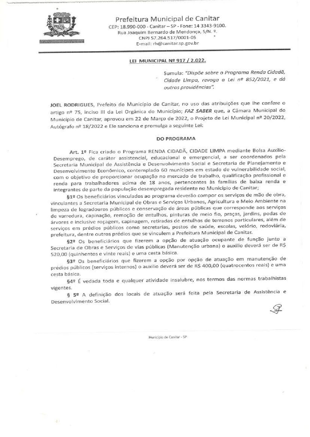 Leia mais sobre o artigo Lei Municipal nº 917 2022   Dispõe sobre o Programa Renda Cidadã, Cidade Limpa.