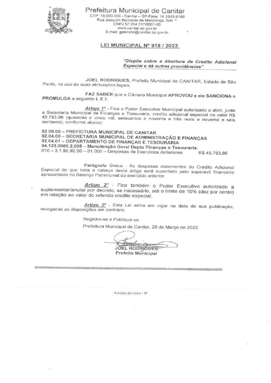 Leia mais sobre o artigo Lei Municipal nº 918 2022   Dispõe sobre abertura de crédito, Secretaria Municipal de Administração e Finanças.