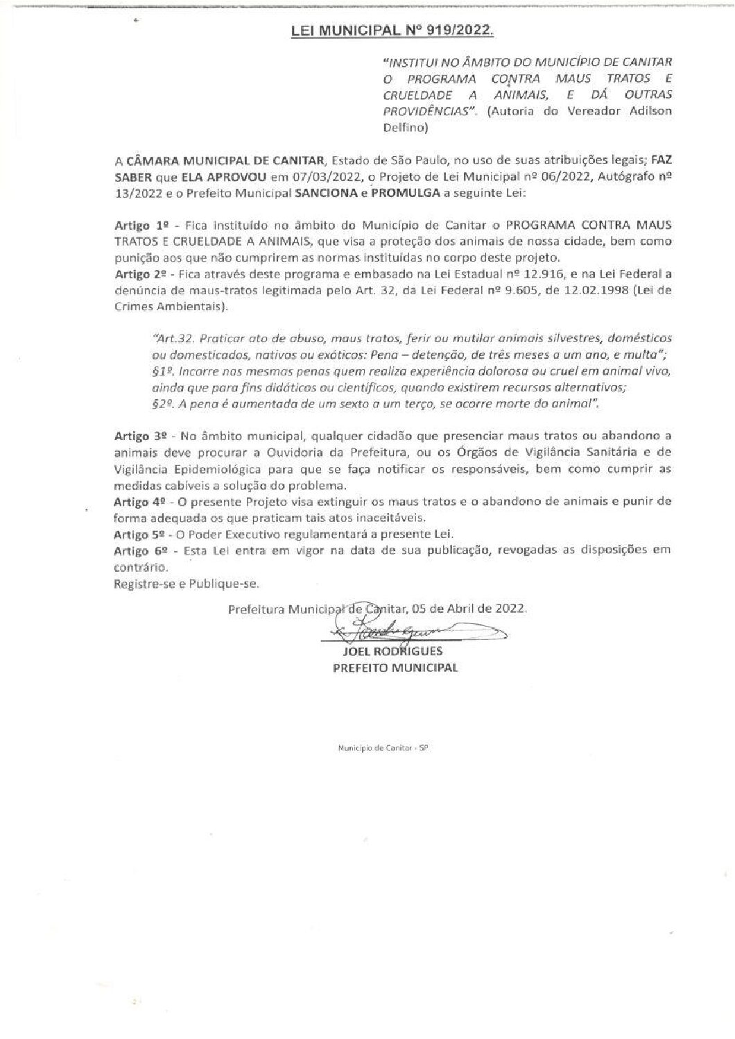 Leia mais sobre o artigo Lei Municipal nº 919 2022   Institui no âmbito do município de Canitar o Programa contra maus tratos e crueldade a animais.