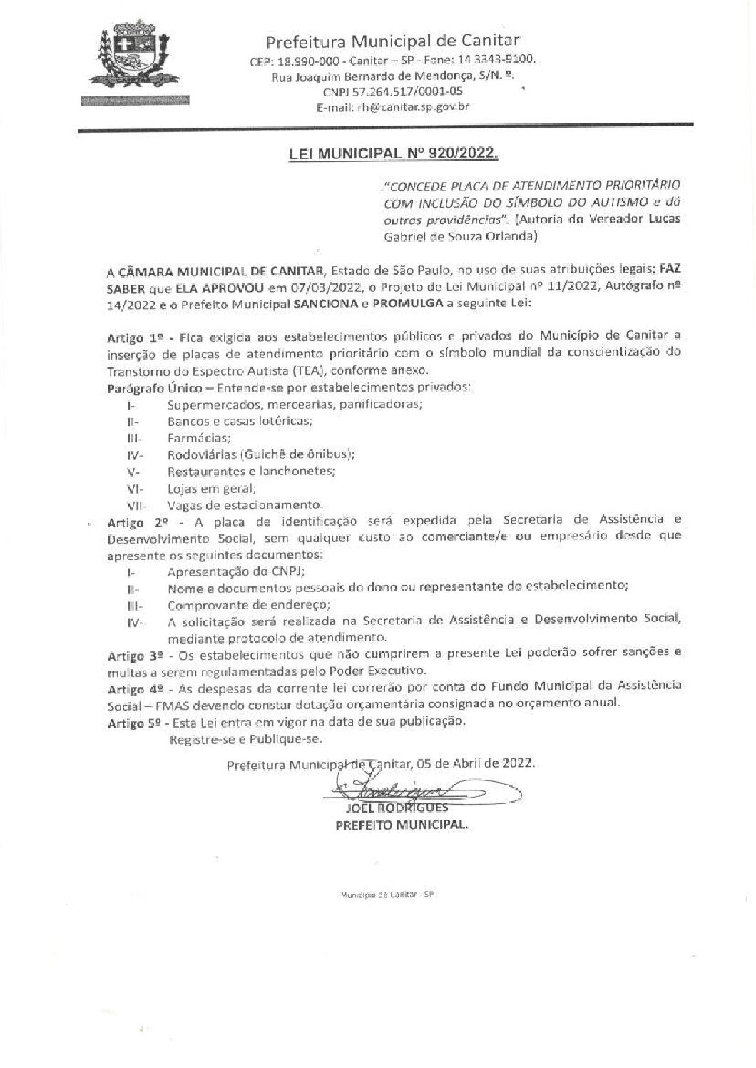 Leia mais sobre o artigo Lei Municipal nº 920 2022   Concede placa de atendimento prioritário com inclusão do símbolo do autismo.