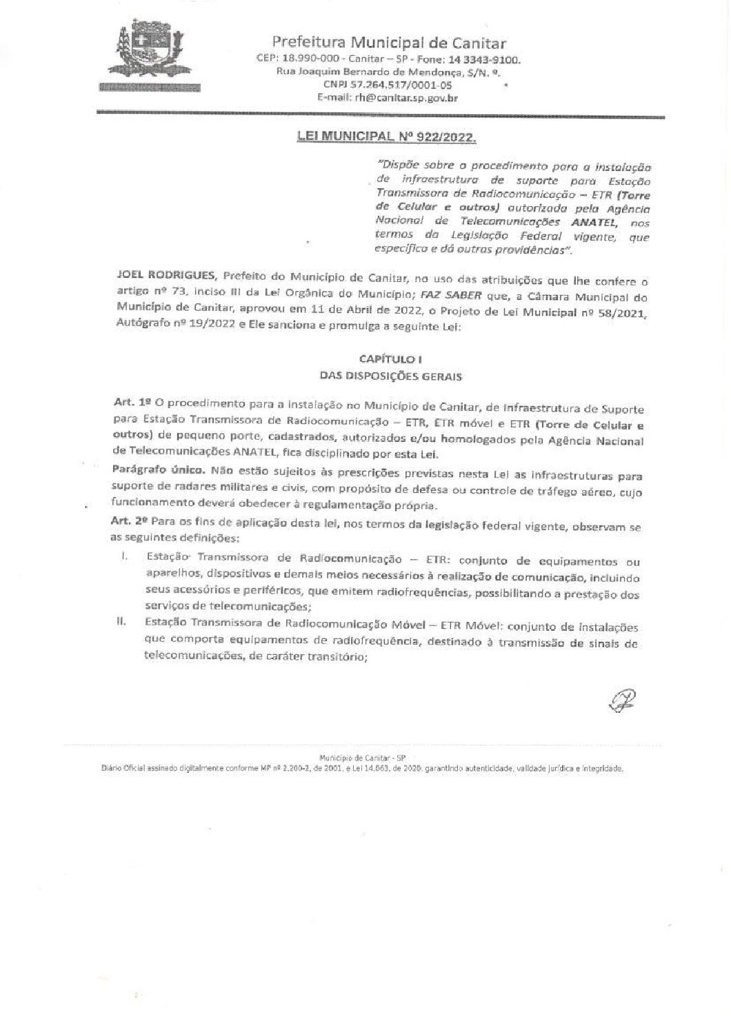 Leia mais sobre o artigo Lei Municipal nº 922 2022   Dispõe sobre o procedimento para a ainstalação de infraestrutura de suporte para Estação de Transmição de Radiocomunicação   ETR.