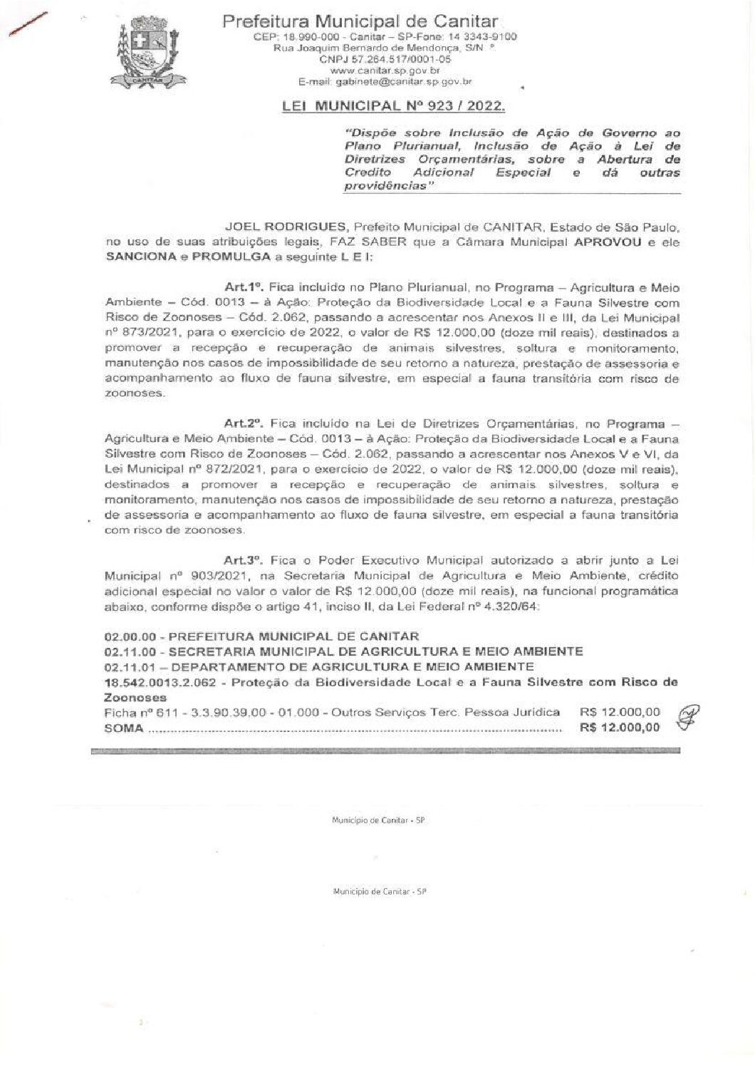 Leia mais sobre o artigo Lei Municipal nº 923 2022   Dispõe sobre abertura de crédito, destinados a promover a recepção e recuperação de animais silvestres.