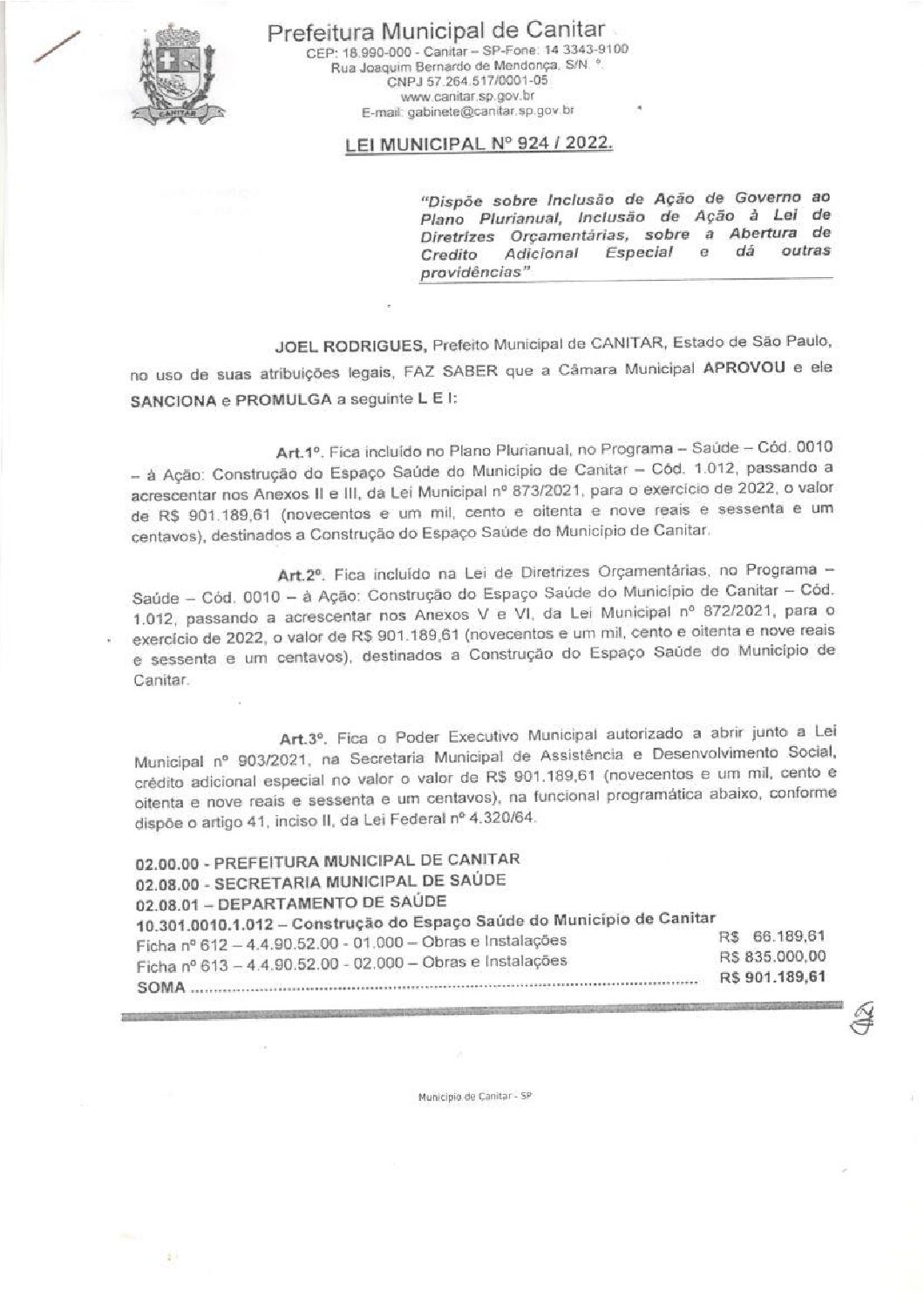 Leia mais sobre o artigo Lei Municipal nº 924 2022   Dispõe sobre abertura de crédito, destinados a Construção do Espaço Saúde no Município de Canitar.