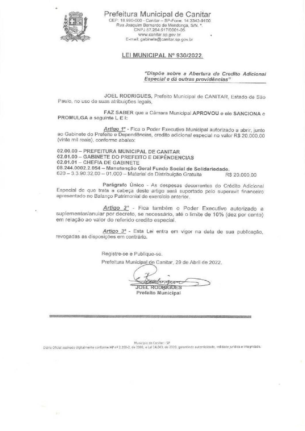 Leia mais sobre o artigo Lei Municipal nº 930 2022   Dispõe sobre abertura de crédito, Gabinete do Prefeito.