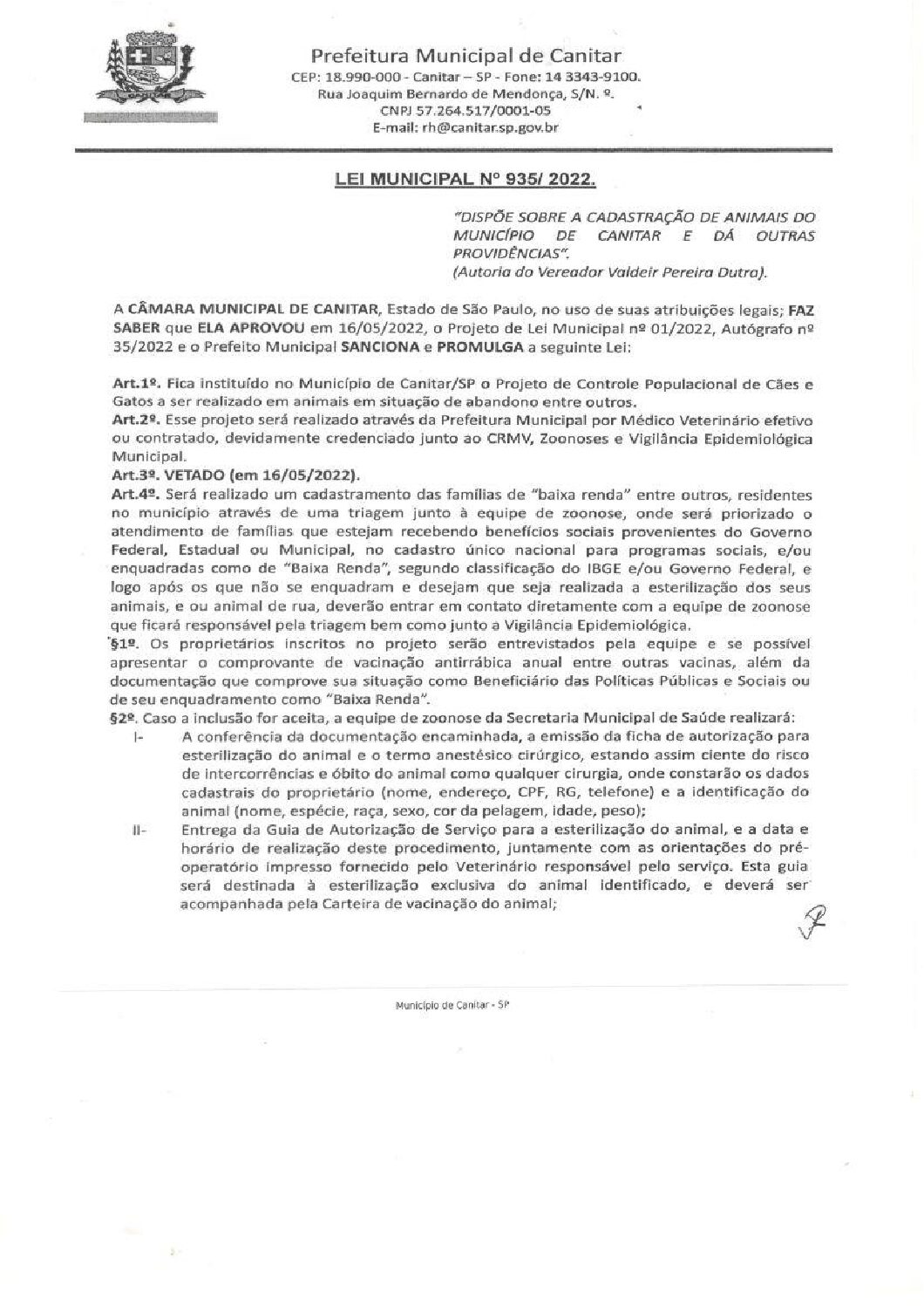 Leia mais sobre o artigo Lei Municipal nº 935 2022   Dispõe sobre a castração de animais.