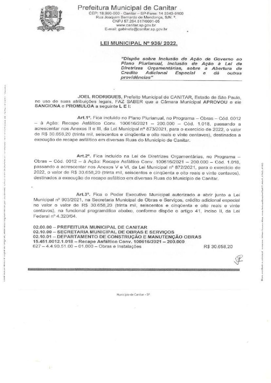 Leia mais sobre o artigo Lei Municipal nº 936 2022   Dispõe sobre abertura de crédito, recape asfáltico em diversas ruas do município.