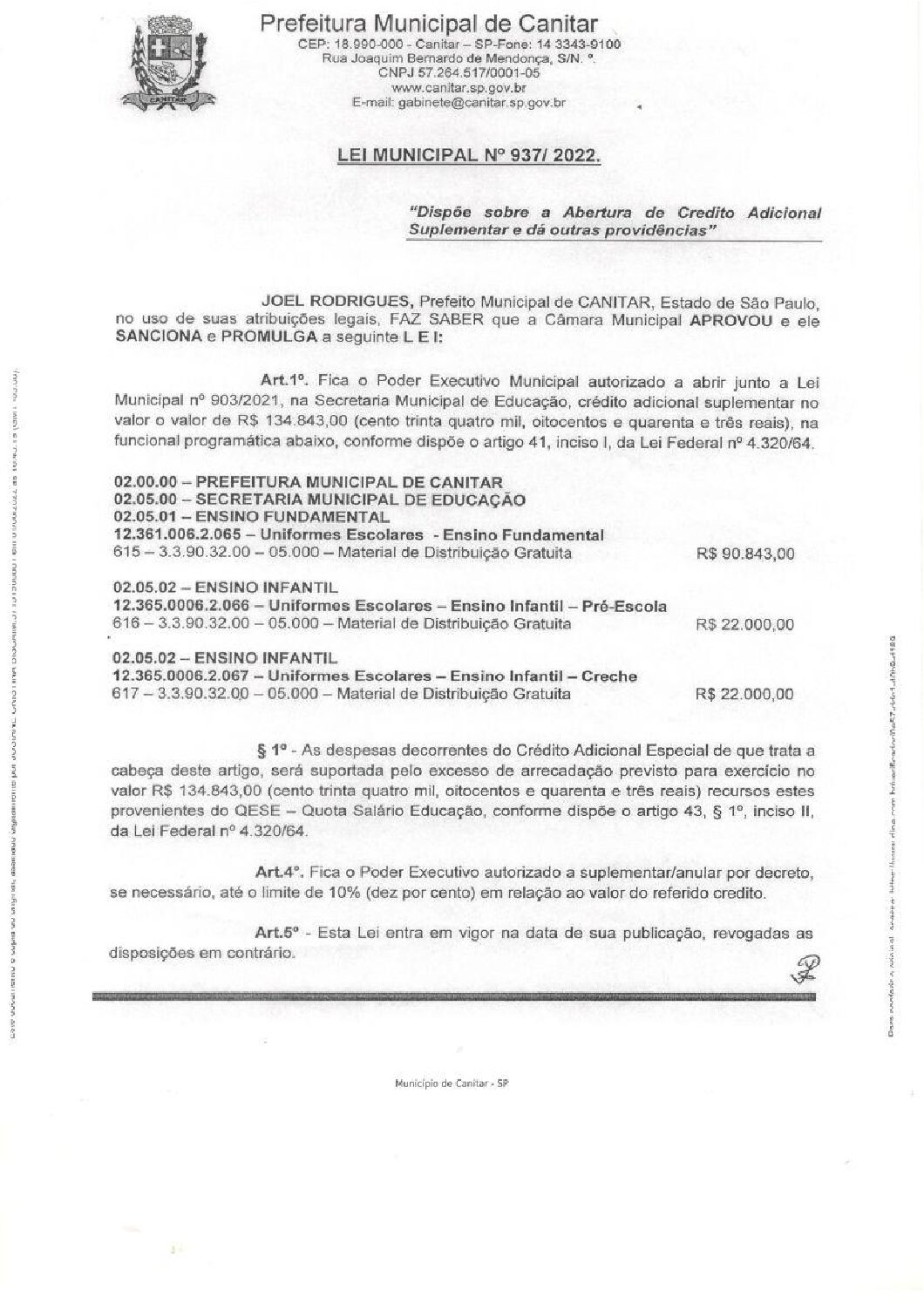 Leia mais sobre o artigo Lei Municipal nº 937 2022   Dispõe sobre abertura de crédito, Secretaria Municipal de Educação.