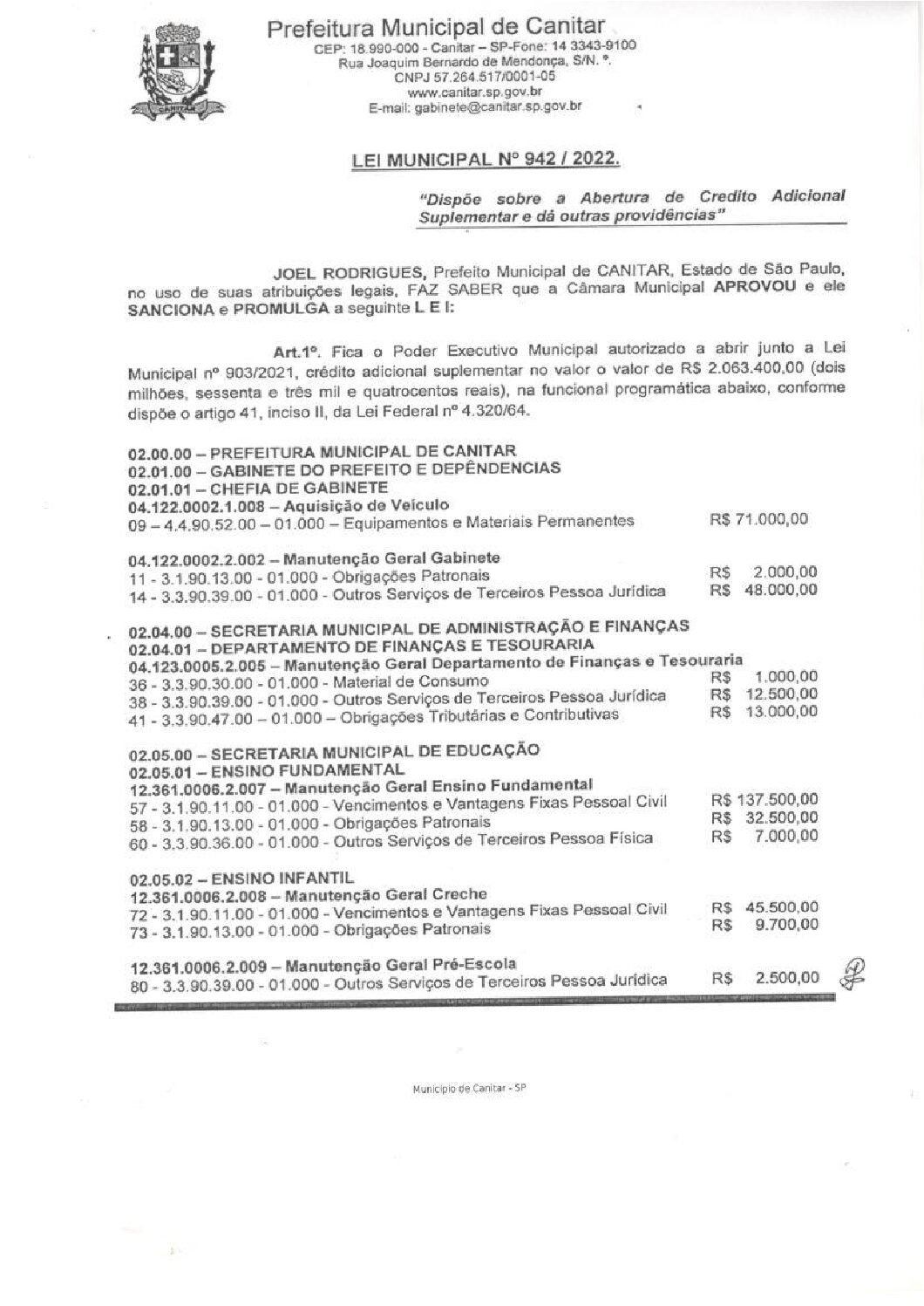 Leia mais sobre o artigo Lei Municipal nº 942 2022   Dispõe sobre abertura de crédito, Gabinete do Prefeito.