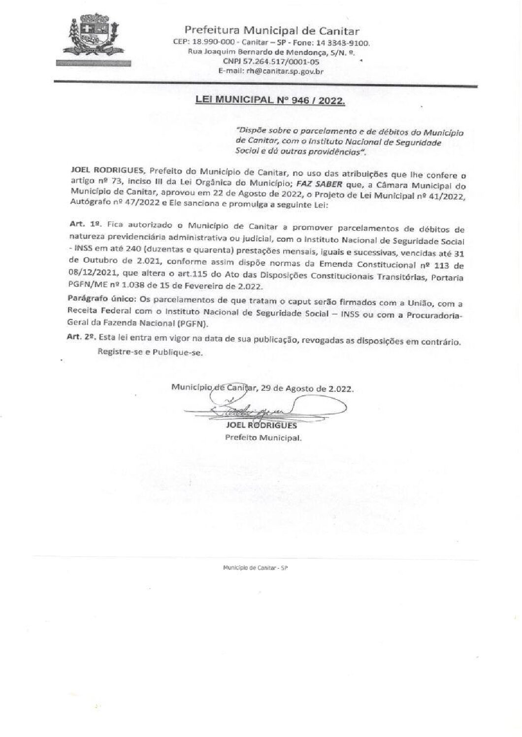 Leia mais sobre o artigo Lei Municipal nº 946 2022   Dispõe sobre o parcelamento e de débitos do município de Canitar.