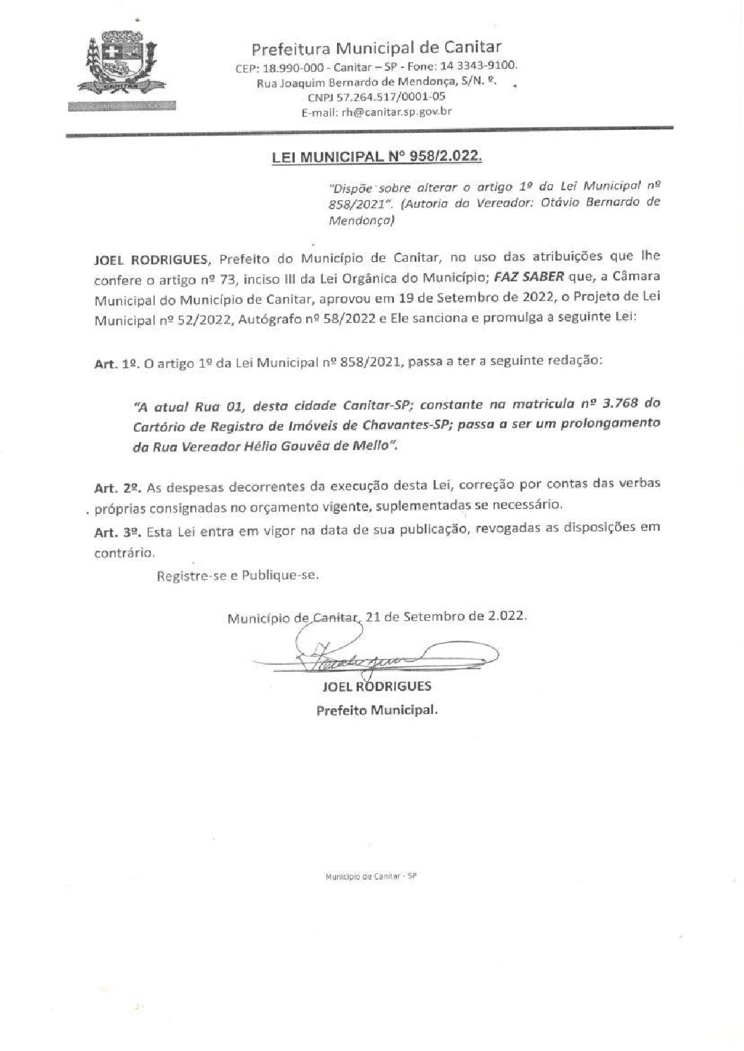 Leia mais sobre o artigo Lei Municipal nº 958 2022   Dispõe sobre alterar o artigo 1º da Lei Municipal nº 858 2021.