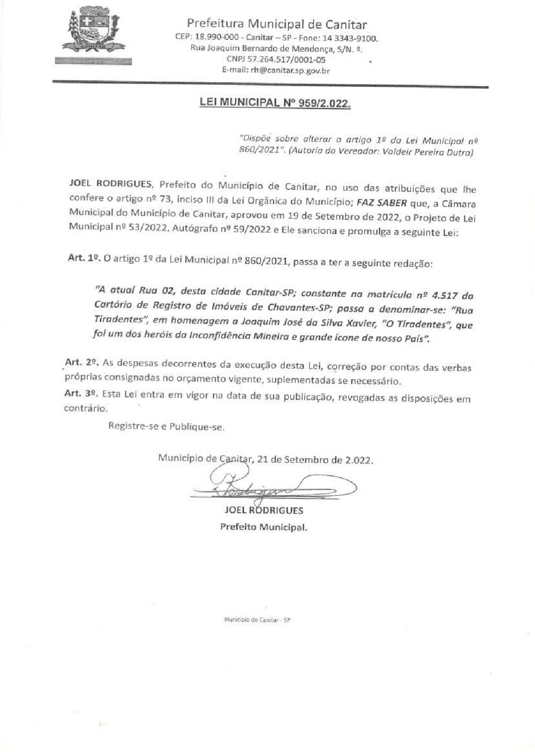 Leia mais sobre o artigo Lei Municipal nº 959 2022   Dispõe sobre alterar o artigo 1º da Lei Municipal nº 860 2021.