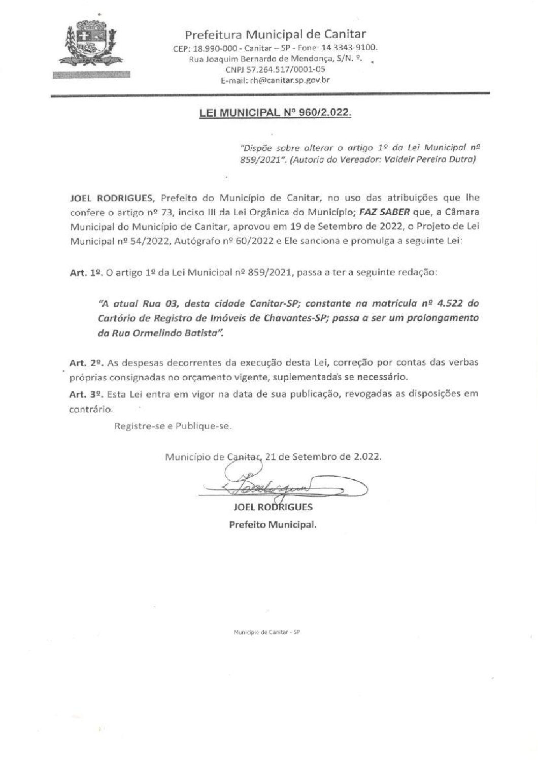 Leia mais sobre o artigo Lei Municipal nº 960 2022   Dispõe sobre alterar o artigo 1º da Lei Municipal nº 859 2021.