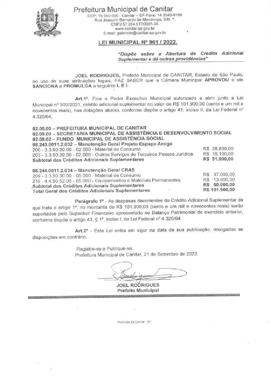 Leia mais sobre o artigo Lei Municipal nº 961 2022   Dispõe sobre abertura de crédito, Fundo Municipal de Assistência Social.