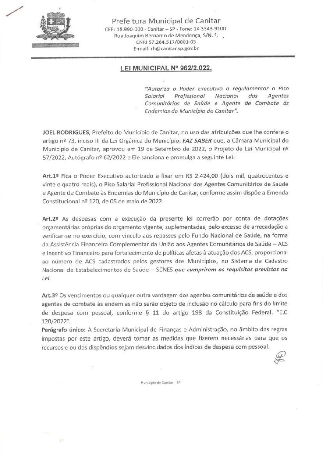 Leia mais sobre o artigo Lei Municipal nº 962 2022   Autoriza o Poder Executivo a regulamentar o Piso Salarial dos Agentes Comunitários.