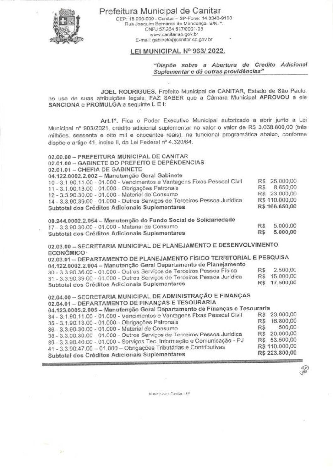 Leia mais sobre o artigo Lei Municipal nº 963 2022   Dispõe sobre abertura de crédito, Gabinete do Prefeito.