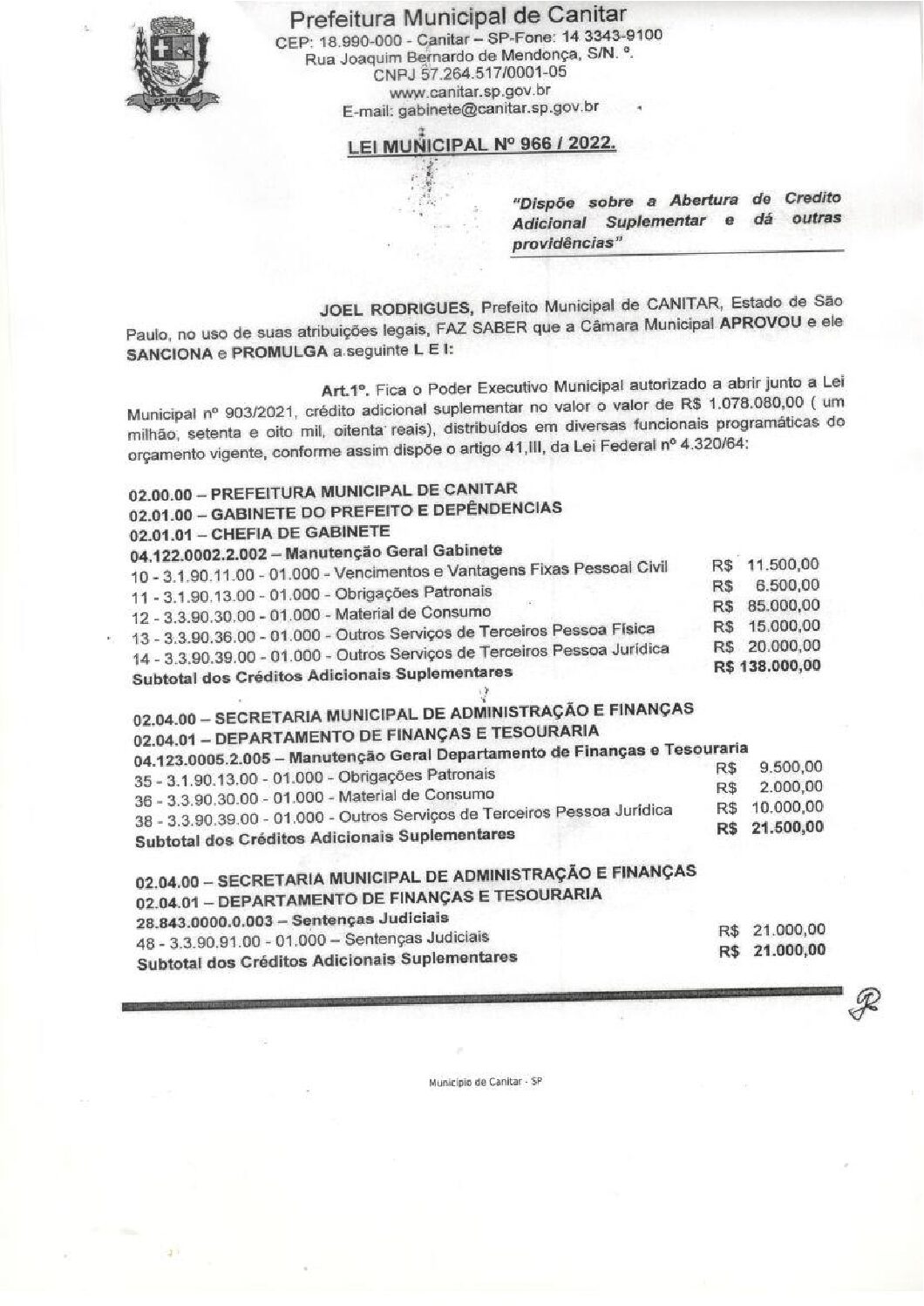 Leia mais sobre o artigo Lei Municipal nº 966 2022   Dispõe sobre abertura de crédito, Gabinete do Prefeito.