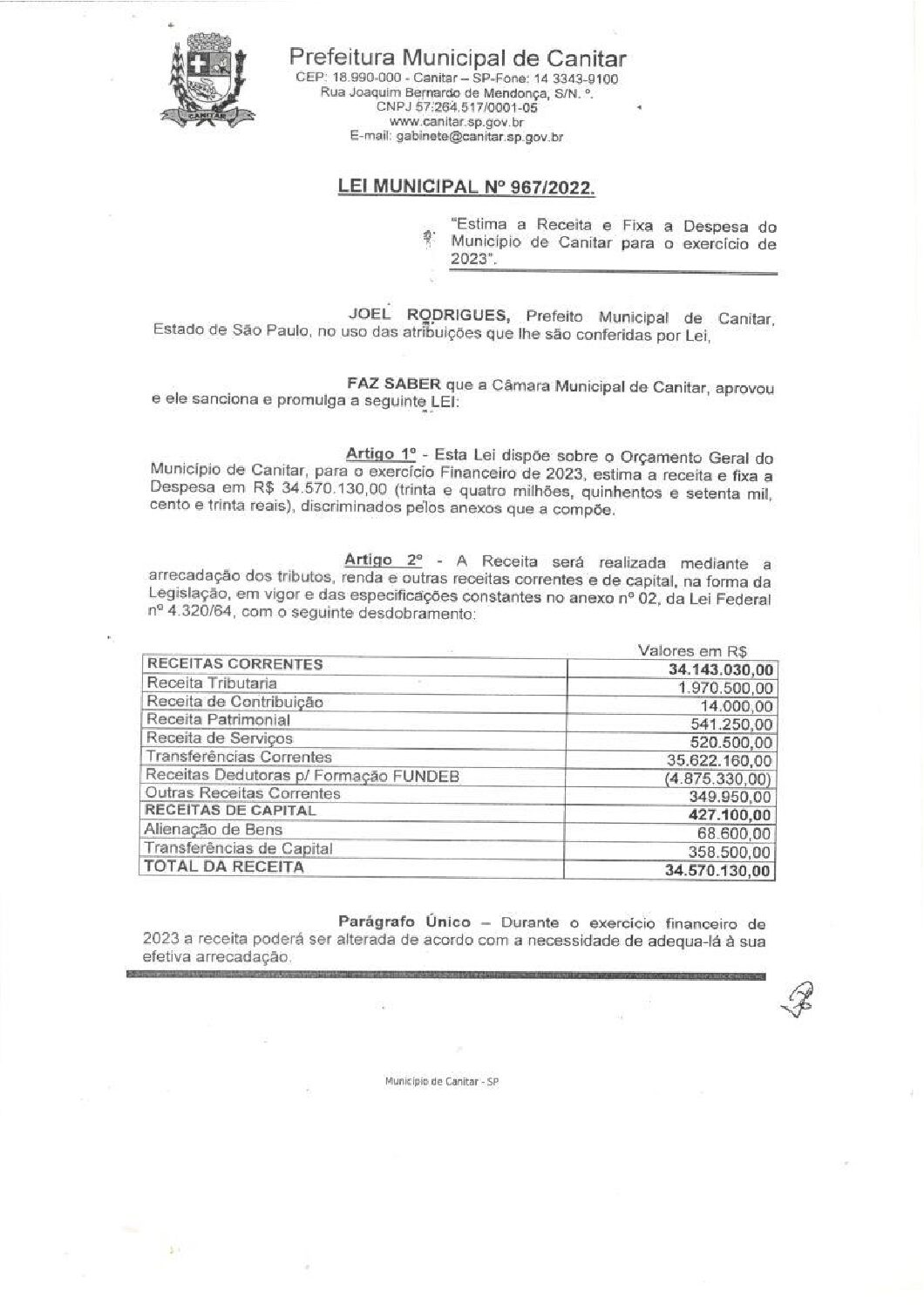 Leia mais sobre o artigo Lei Municipal nº 967 2022   Estima a Receita e Fixa a Despesa do Município de Canitar para o exercício de 2023.