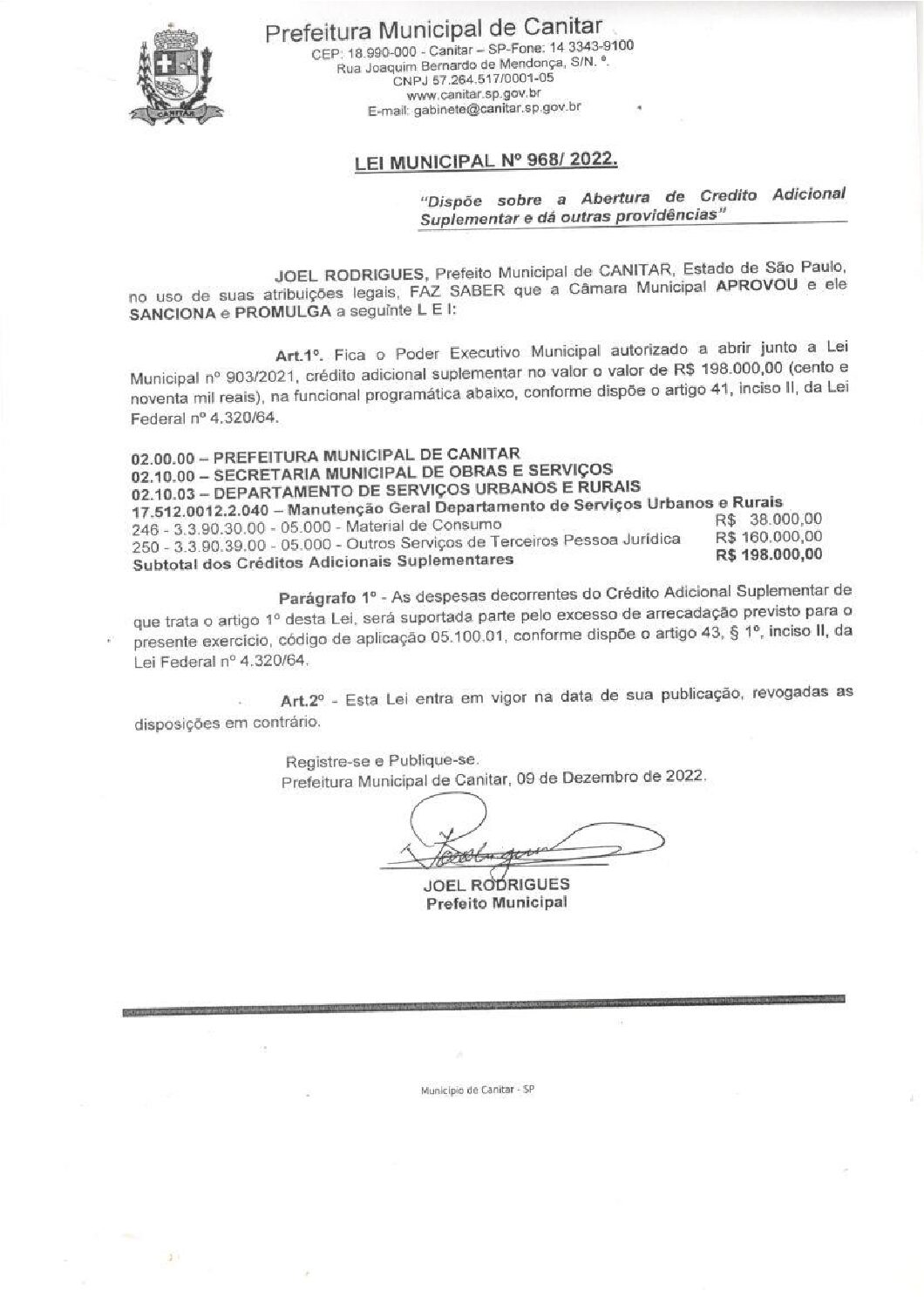 Leia mais sobre o artigo Lei Municipal nº 968 2022   Dispõe sobre abertura de crédito, Secretaria de Obras e Serviços.