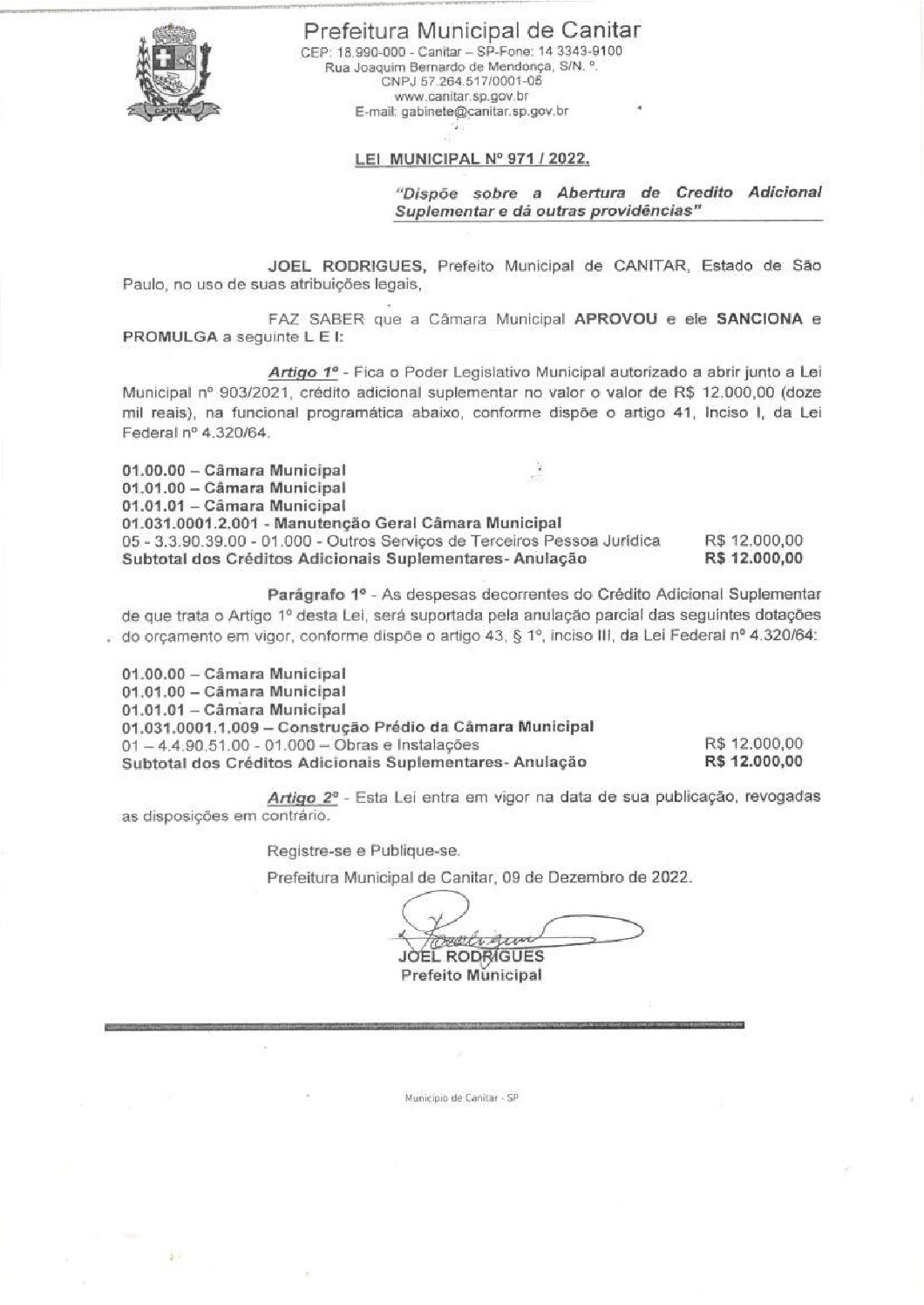 Leia mais sobre o artigo Lei Municipal nº 971 2022   Dispõe sobre abertura de crédito, Câmara Municipal.