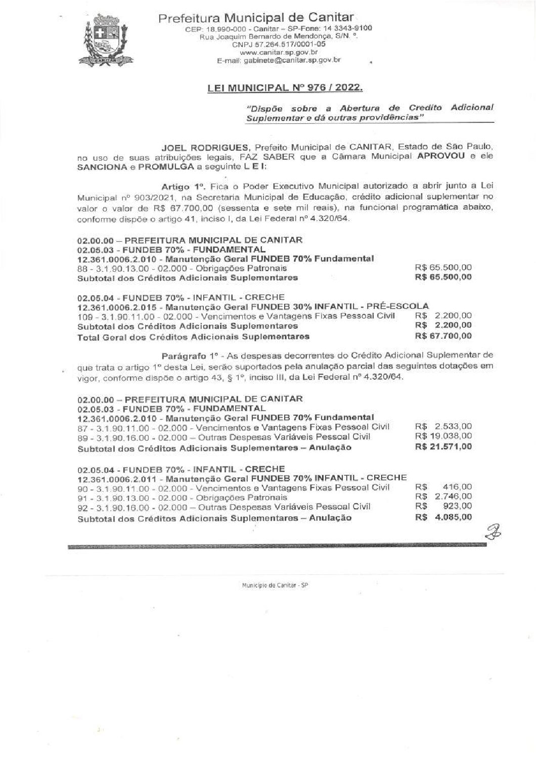 Leia mais sobre o artigo Lei Municipal nº 976 2022   Dispõe sobre abertura de crédito, FUNDEB.