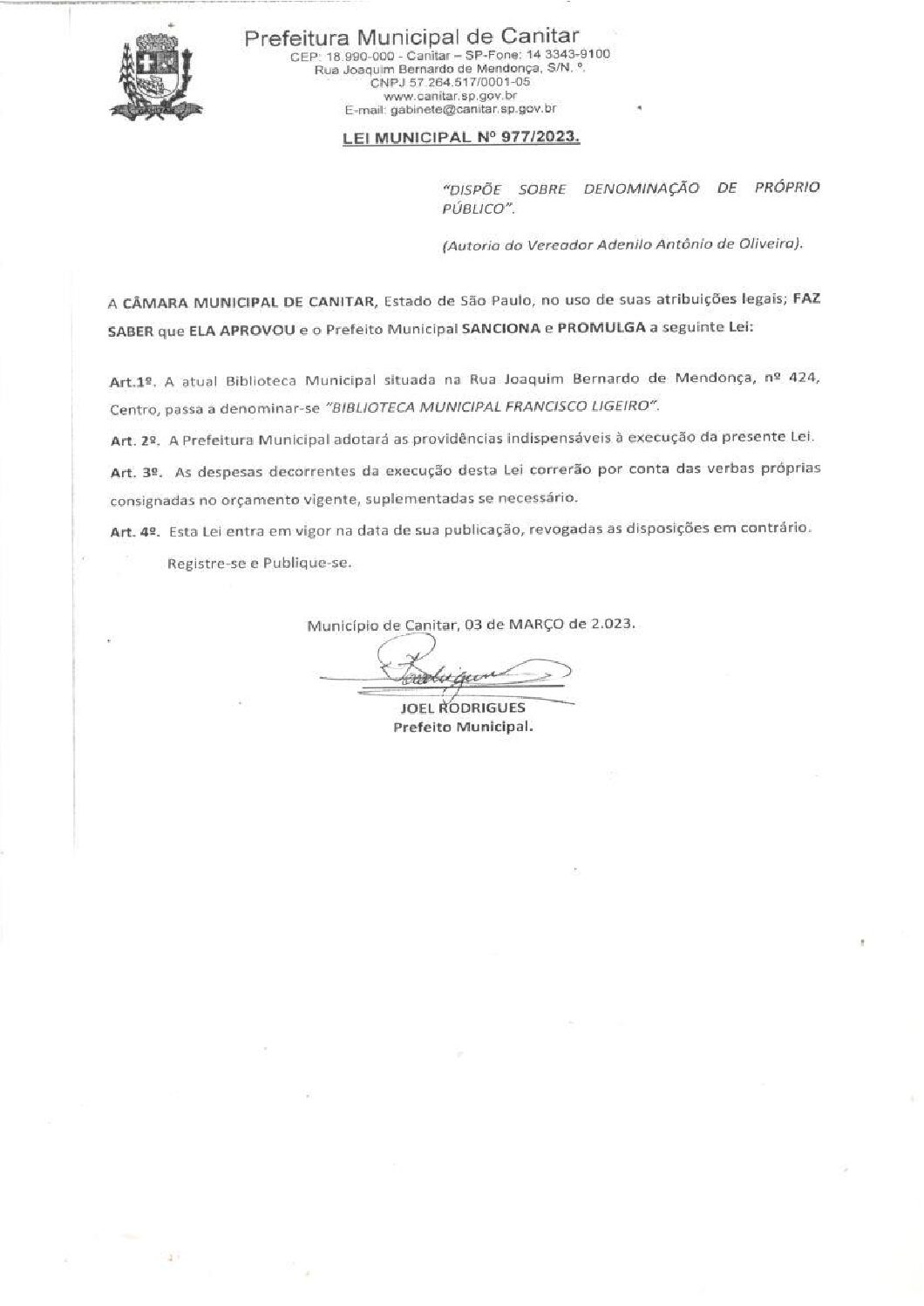 Leia mais sobre o artigo Lei Municipal nº 977 2023   Dispõe sobre denominação de Próprio Público   Biblioteca Municipal Francisco Ligeiro.