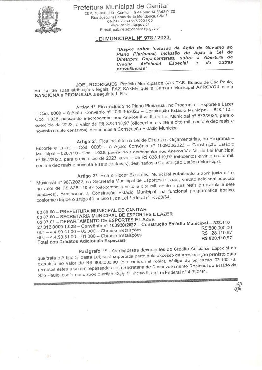 Leia mais sobre o artigo Lei Municipal nº 978 2023   Dispõe sobre abertura de crédito, construção de Estádio Municipal.