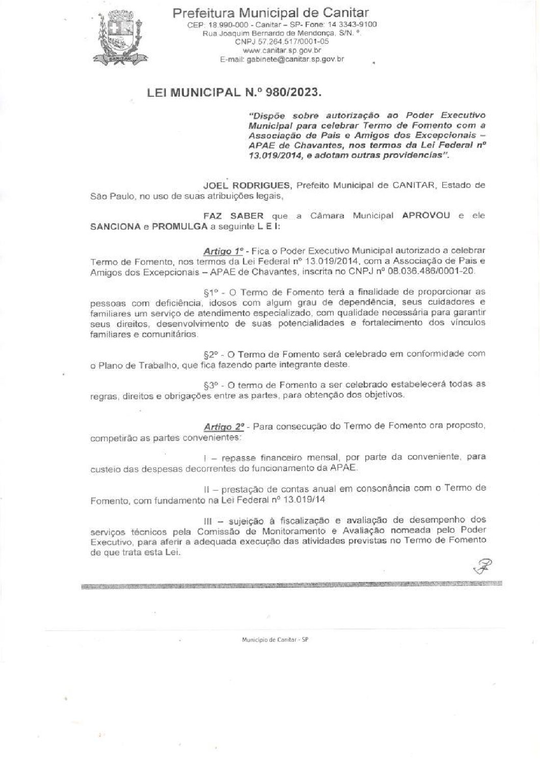 Leia mais sobre o artigo Lei Municipal nº 980 2023   Dispõe sobre repasse a APAE Chavantes.