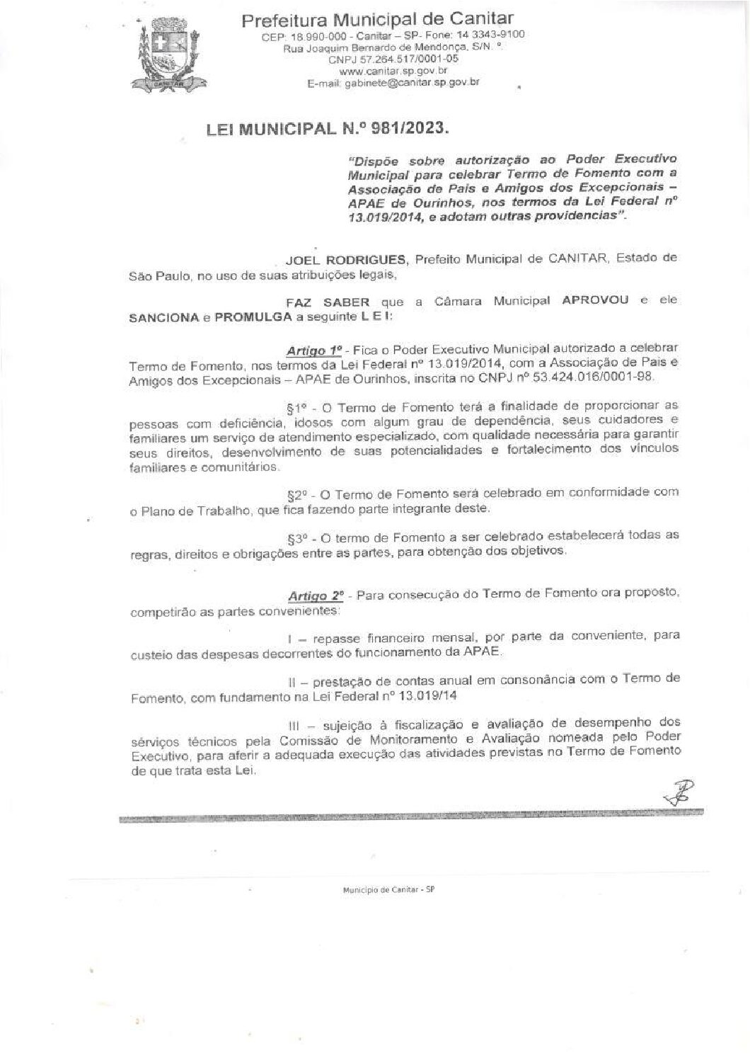 Leia mais sobre o artigo Lei Municipal nº 981 2023   Dispõe sobre repasse a APAE Ourinhos.