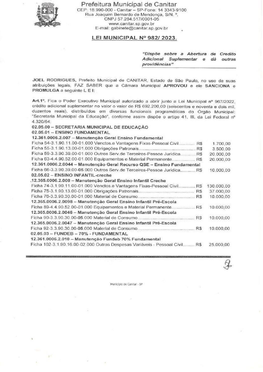 Leia mais sobre o artigo Lei Municipal nº 982 2023   Dispõe sobre abertura de crédito, Secretaria Municipal da Educação.