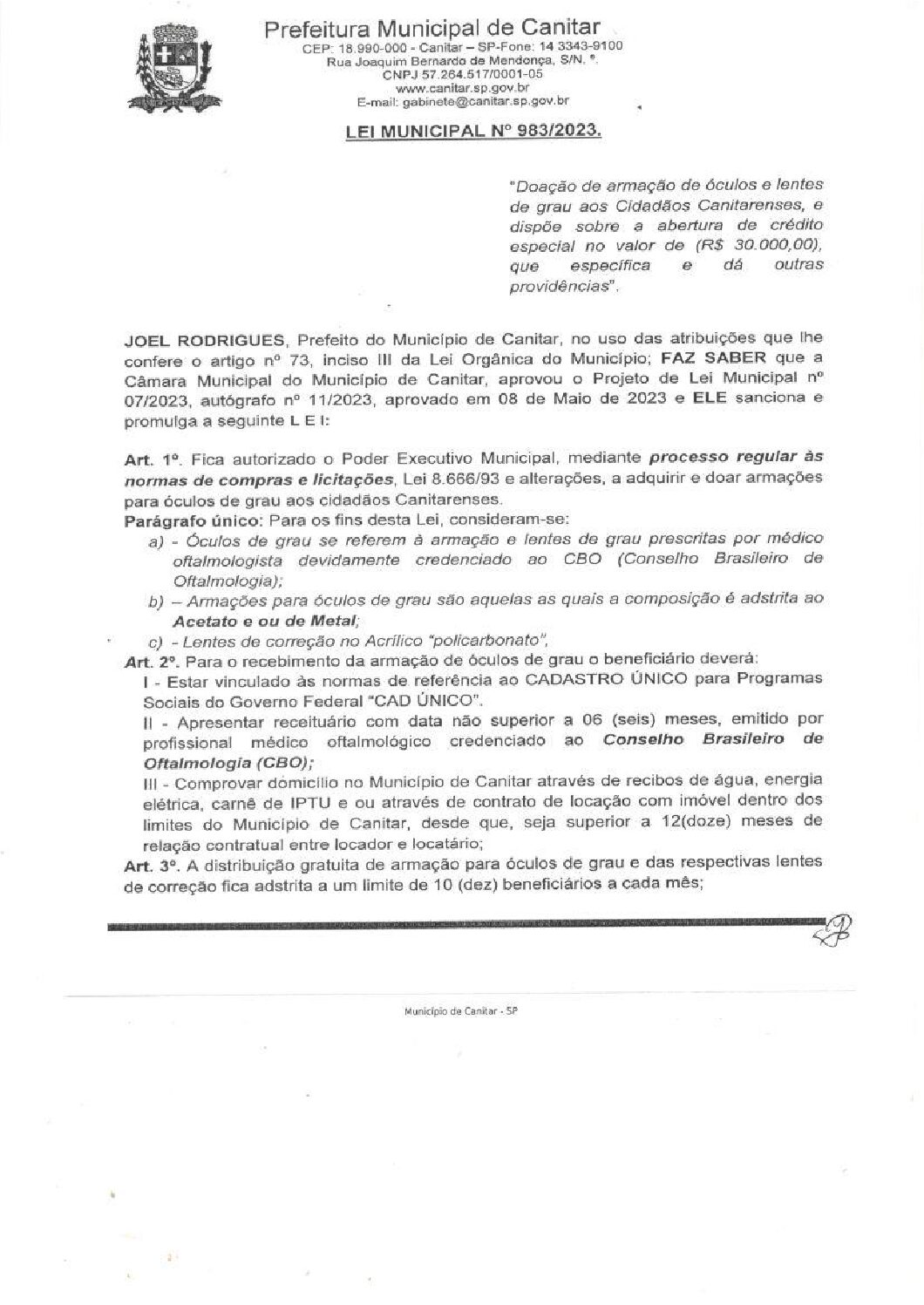 Leia mais sobre o artigo Lei Municipal nº 983 2023   Doação de armação de óculos e lentes de grau aos cidadãos canitarenses.