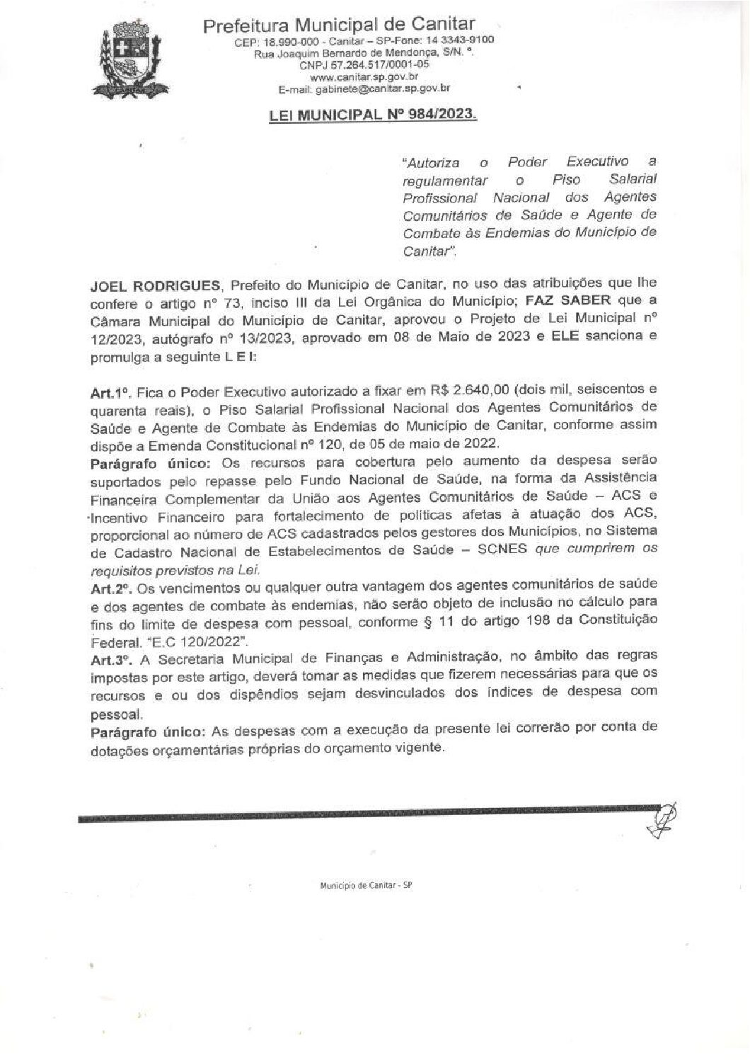 Leia mais sobre o artigo Lei Municipal nº 984 2023   Autoriza o Poder Executivo a regulamentar o Piso Salarial dos Agentes Comunitários de Saúde.
