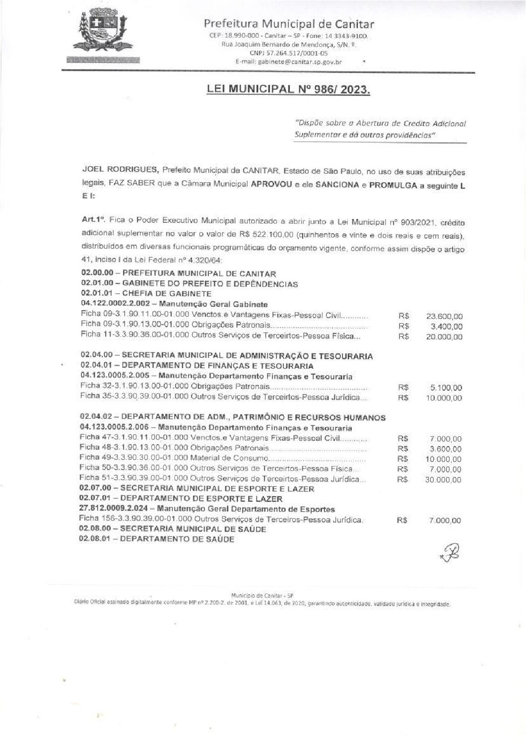 Leia mais sobre o artigo Lei Municipal nº 986 2023   Dispõe sobre abertura de crédito, Gabinete do Prefeito.