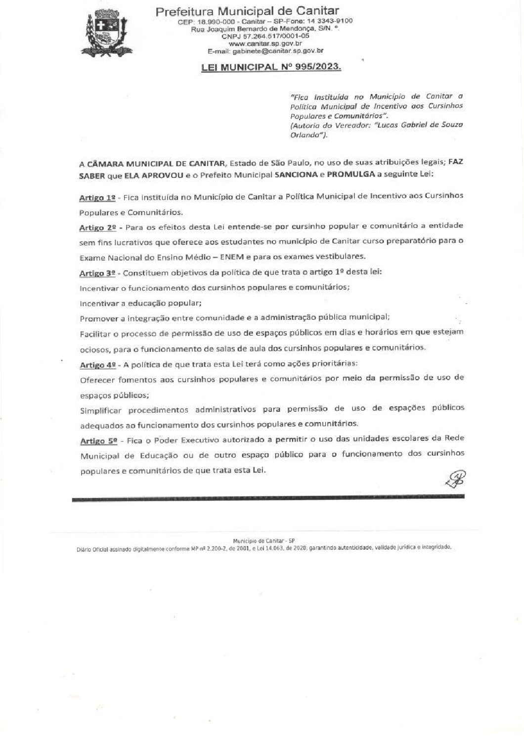 Leia mais sobre o artigo Lei Municipal nº 995 2023   Fica instituida no município de Canitar a Política Municipal de Incentivo aos Cursinhos Populares e Comunitários.