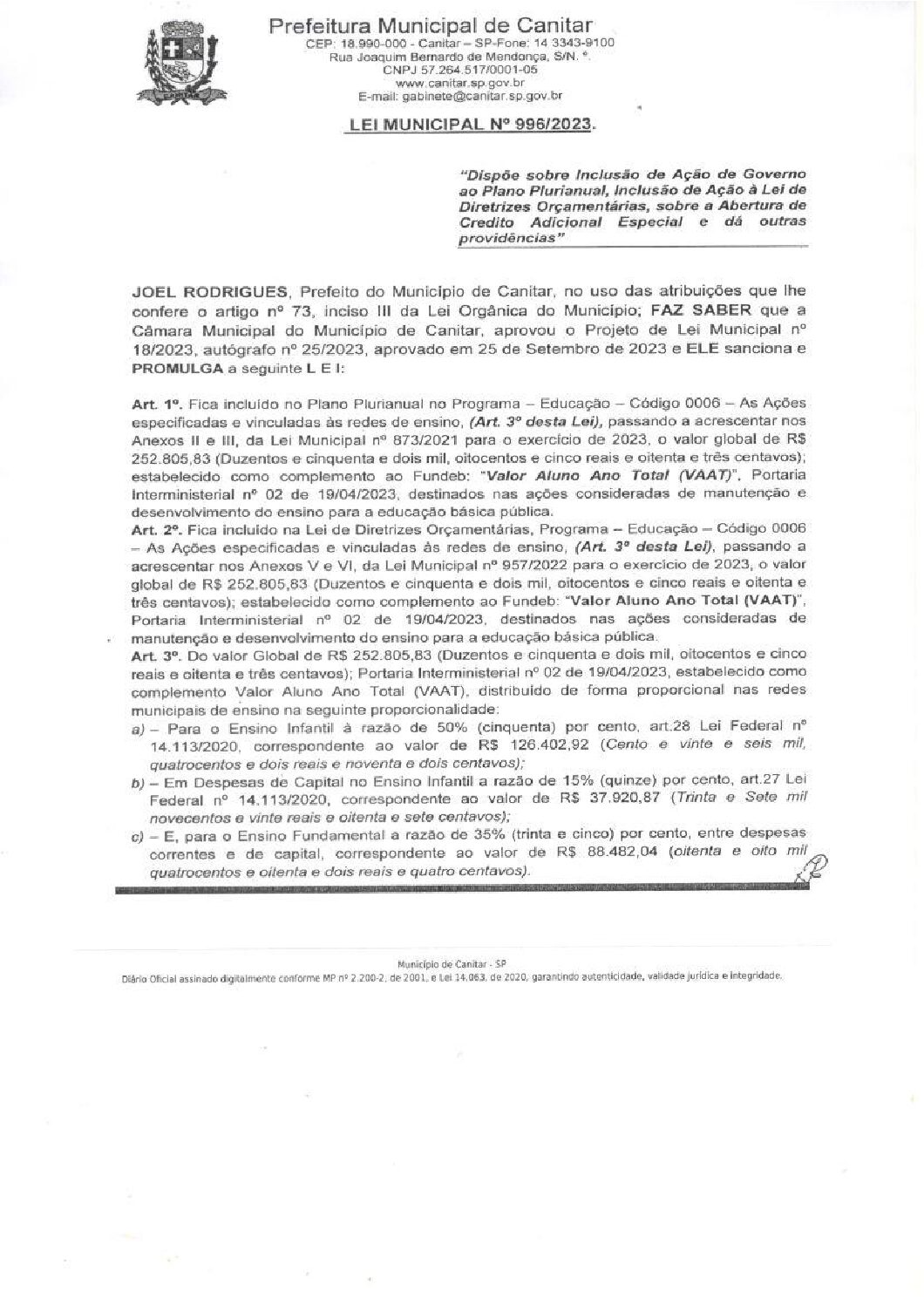 Leia mais sobre o artigo Lei Municipal nº 996 2023   Dispõe sobre abertura de crédito, ações especificas e vinculadas às redes de Ensino   Valor Aluno Ano Total (VAAT).
