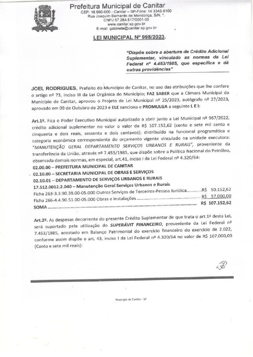 Leia mais sobre o artigo Lei Municipal nº 998 2023   Dispõe sobre abertura de crédito, Secretaria Municipal de Obras e Serviços.