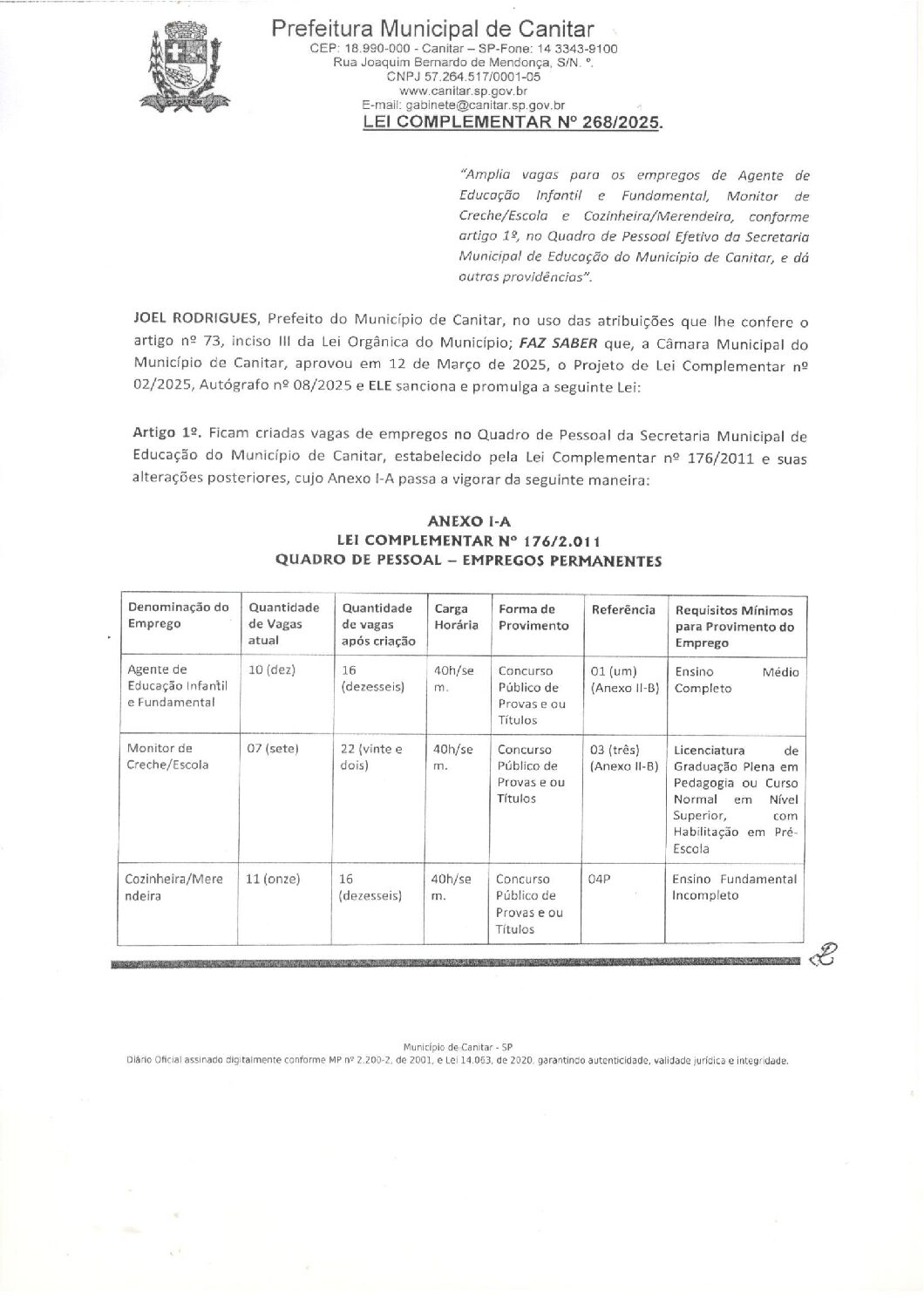 Leia mais sobre o artigo Lei Complementar nº 268 2025   Amplia vagas para empregos de Agente Infantil e Fundamental, Monitor de Creche Escola e Cozinheira Merendeira.
