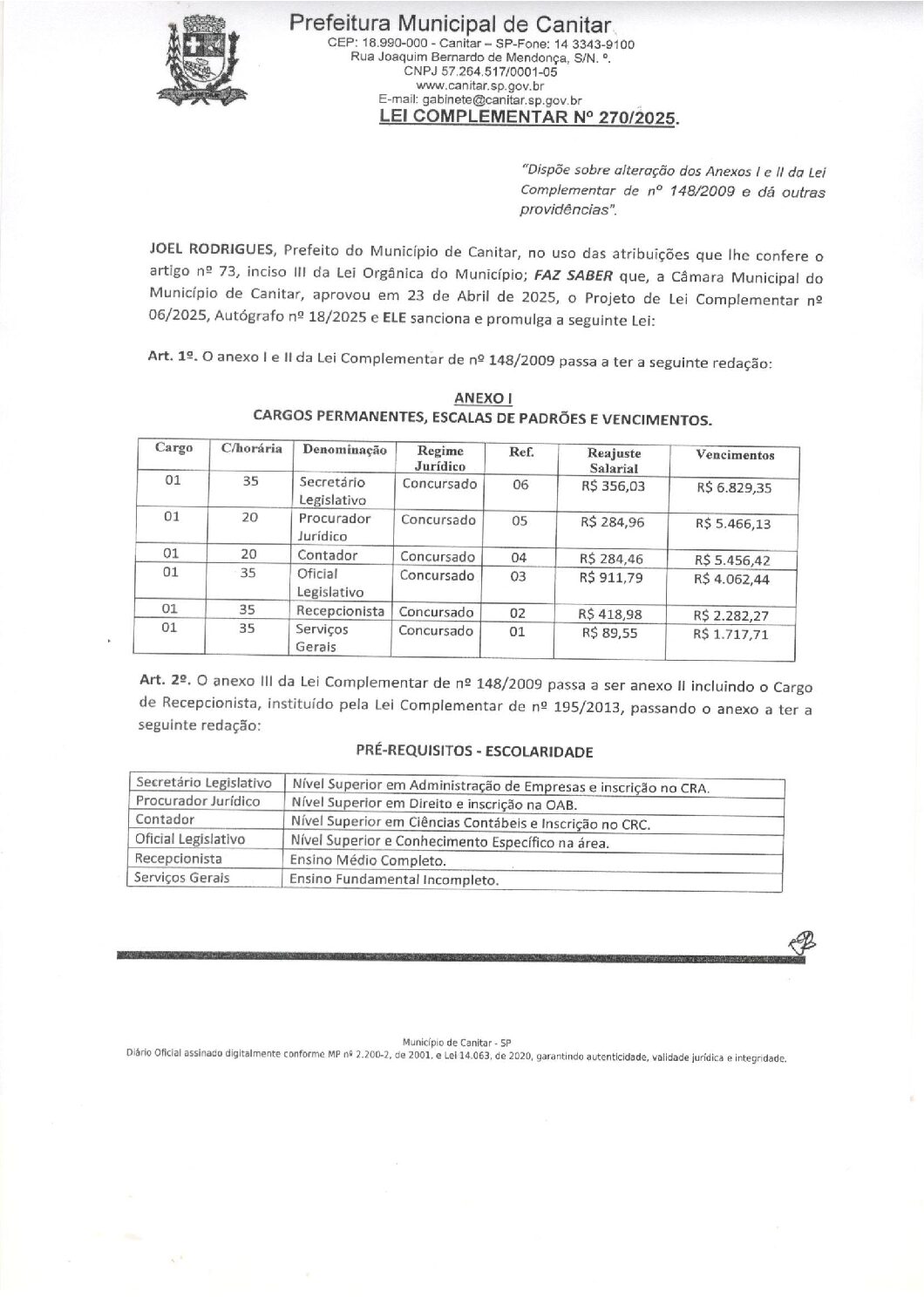 Leia mais sobre o artigo Lei Complementar nº 270 2025   Dispõe sobre alteração dos Anexos I e II da Lei Complementar de nº 148 2009 e dá outras providências.