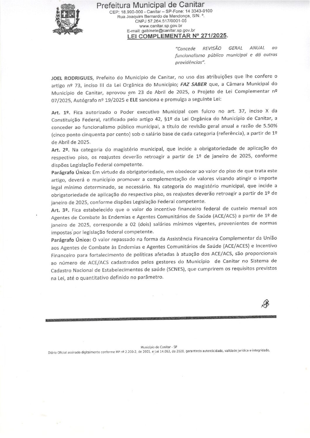Leia mais sobre o artigo Lei Complementar nº 271 2025   Concede Revisão Geral Anual ao funcionalismo público municipal.