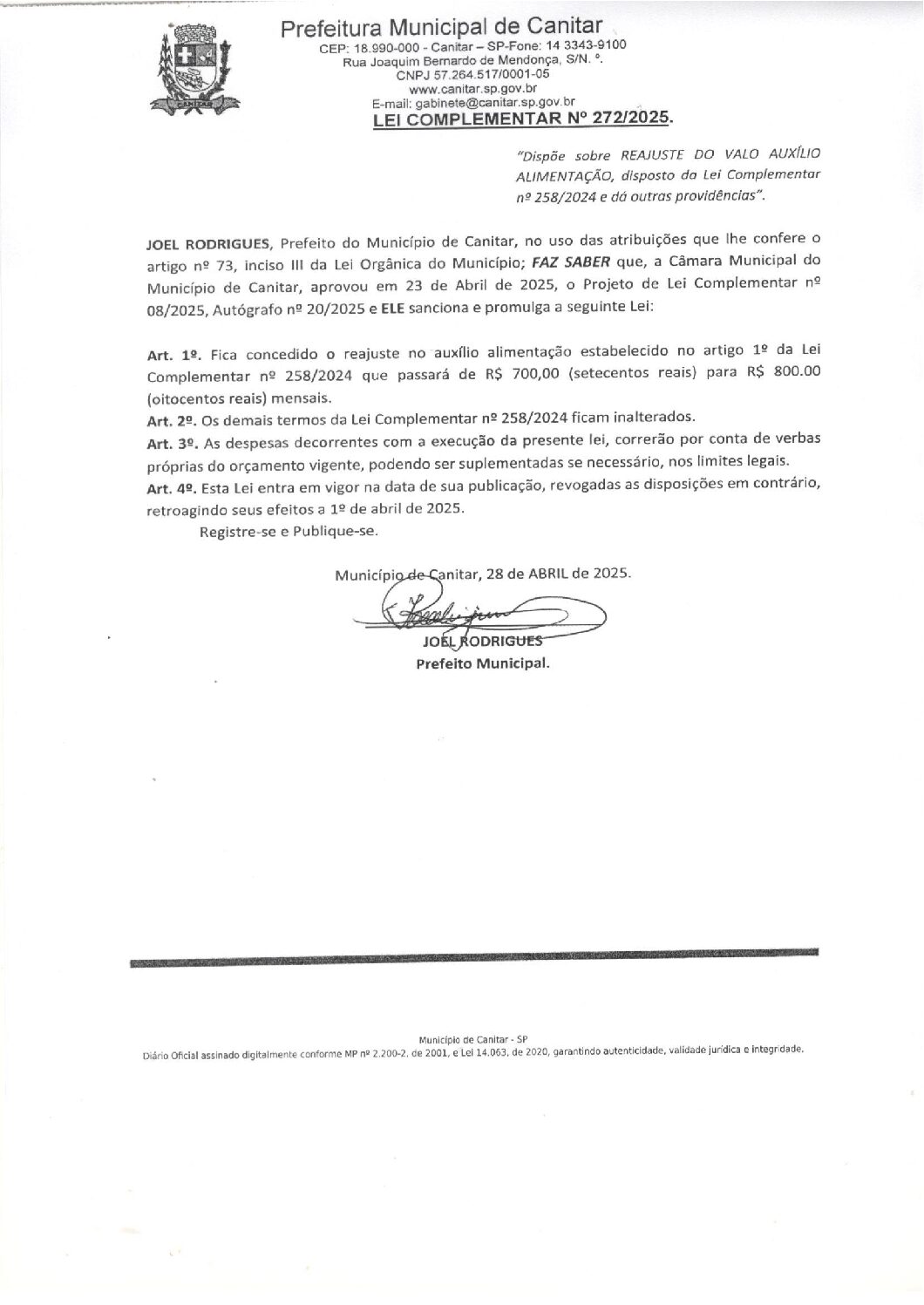 Leia mais sobre o artigo Lei Complementar nº 272 2025   Dispõe sobre Reajuste do Valor do Vale Auxílio Alimentação.
