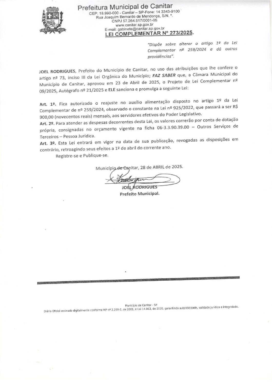 Leia mais sobre o artigo Lei Complementar nº 273 2025   Dispõe sobre alterar o artigo 1 da Lei complementar n 259 2024.