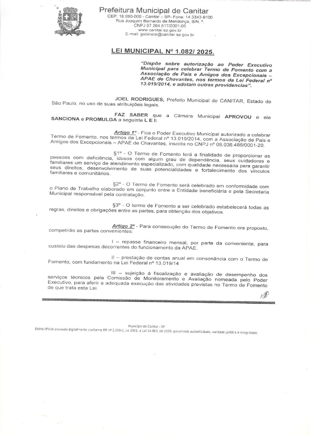 Leia mais sobre o artigo Lei Municipal nº 1082 2025   Dispõe sobre celebrar Termo de Fomento com APAE Chavantes.