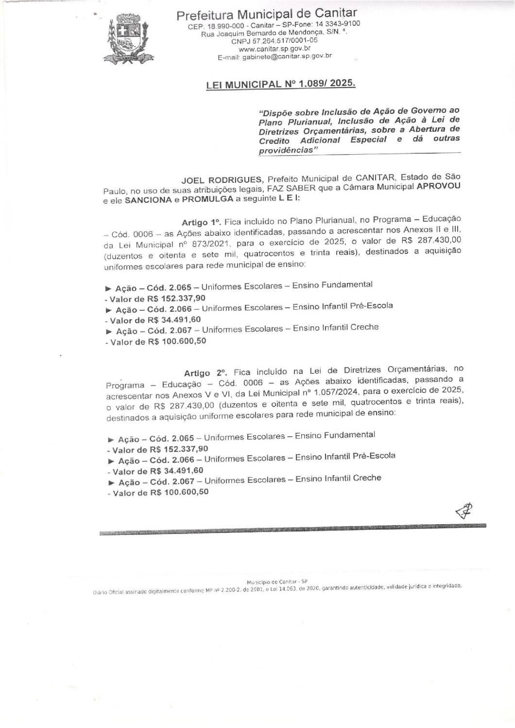 Leia mais sobre o artigo Lei Municipal nº 1089 2025   Dispõe sobre abertura de crédito, Uniformes Escolares.