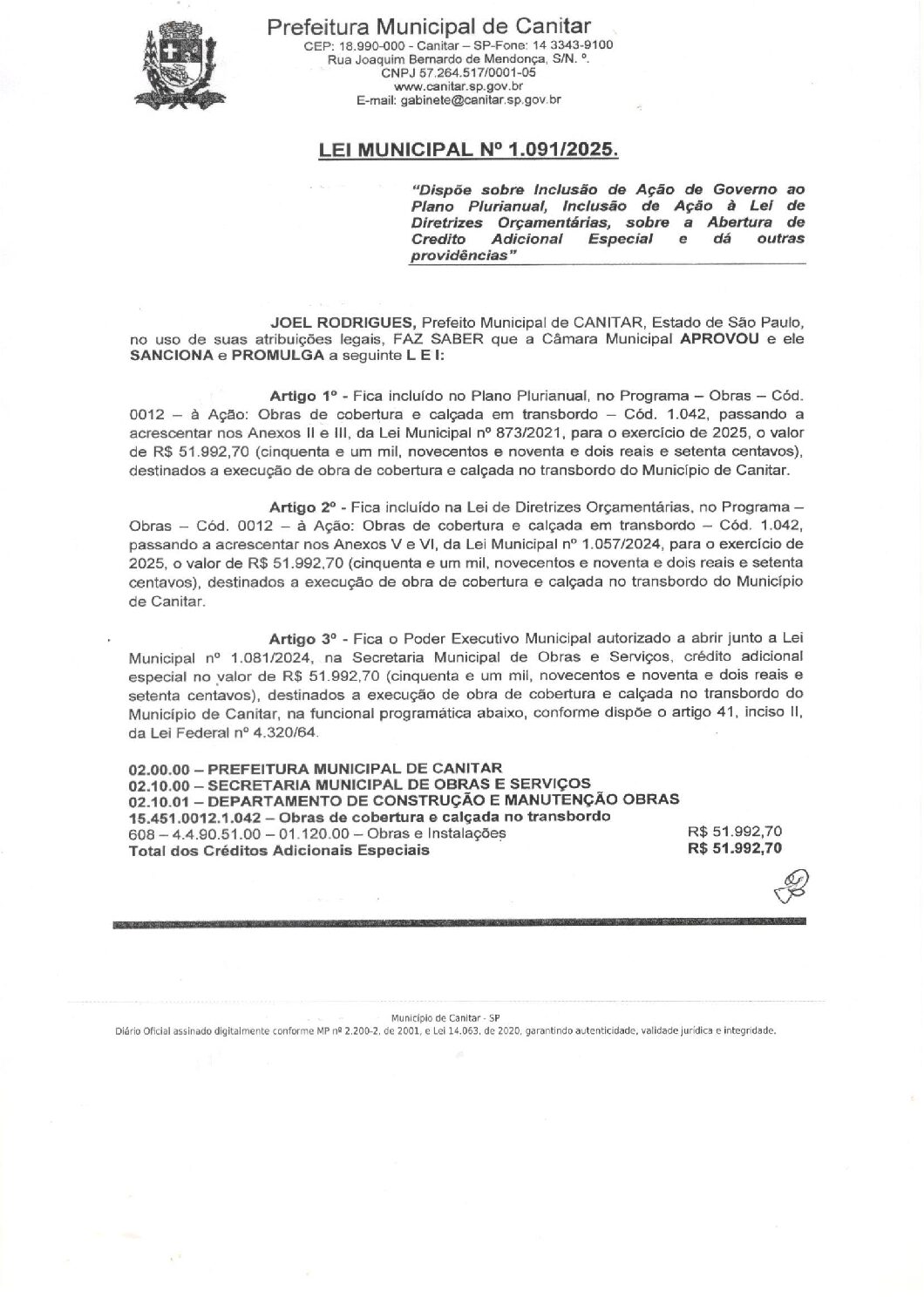 Leia mais sobre o artigo Lei Municipal nº 1091 2025   Dispõe sobre abertura de crédito, execução de obra de cobertura e calçada no transbordo.