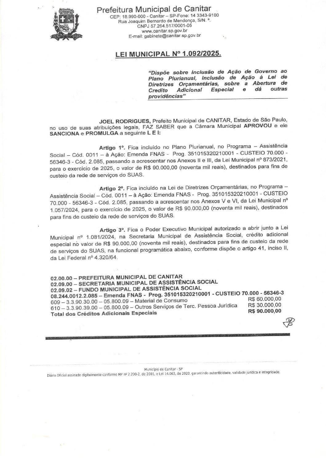 Leia mais sobre o artigo Lei Municipal nº 1092 2025   Dispõe sobre abertura de crédito, custeio da rede de serviços do SUAS.