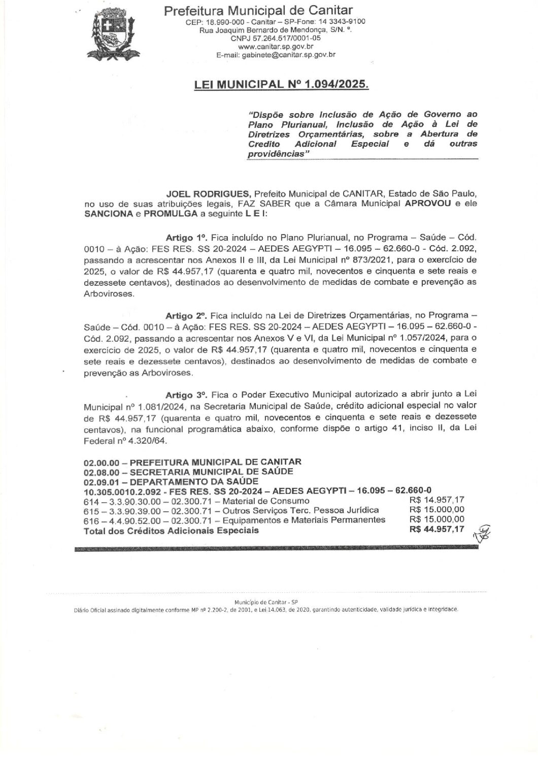 Leia mais sobre o artigo Lei Municipal nº 1094 2025   Dispõe sobre abertura de crédito,