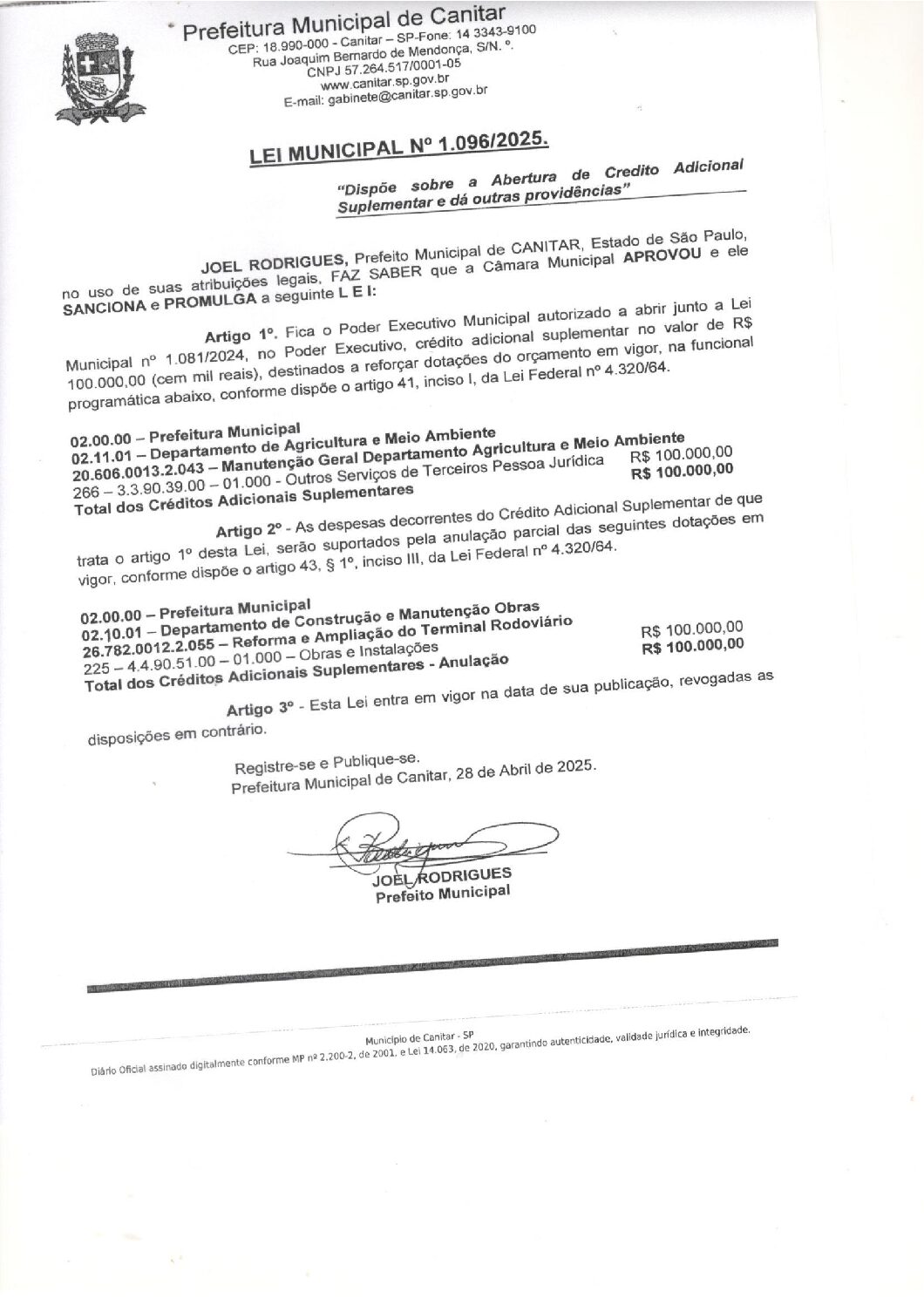 Leia mais sobre o artigo Lei Municipal nº 1096 2025   Dispõe sobre abertura de crédito, R$ 100.000,00 (cem mil) Departamento de Agricultura e Meio Ambiente.