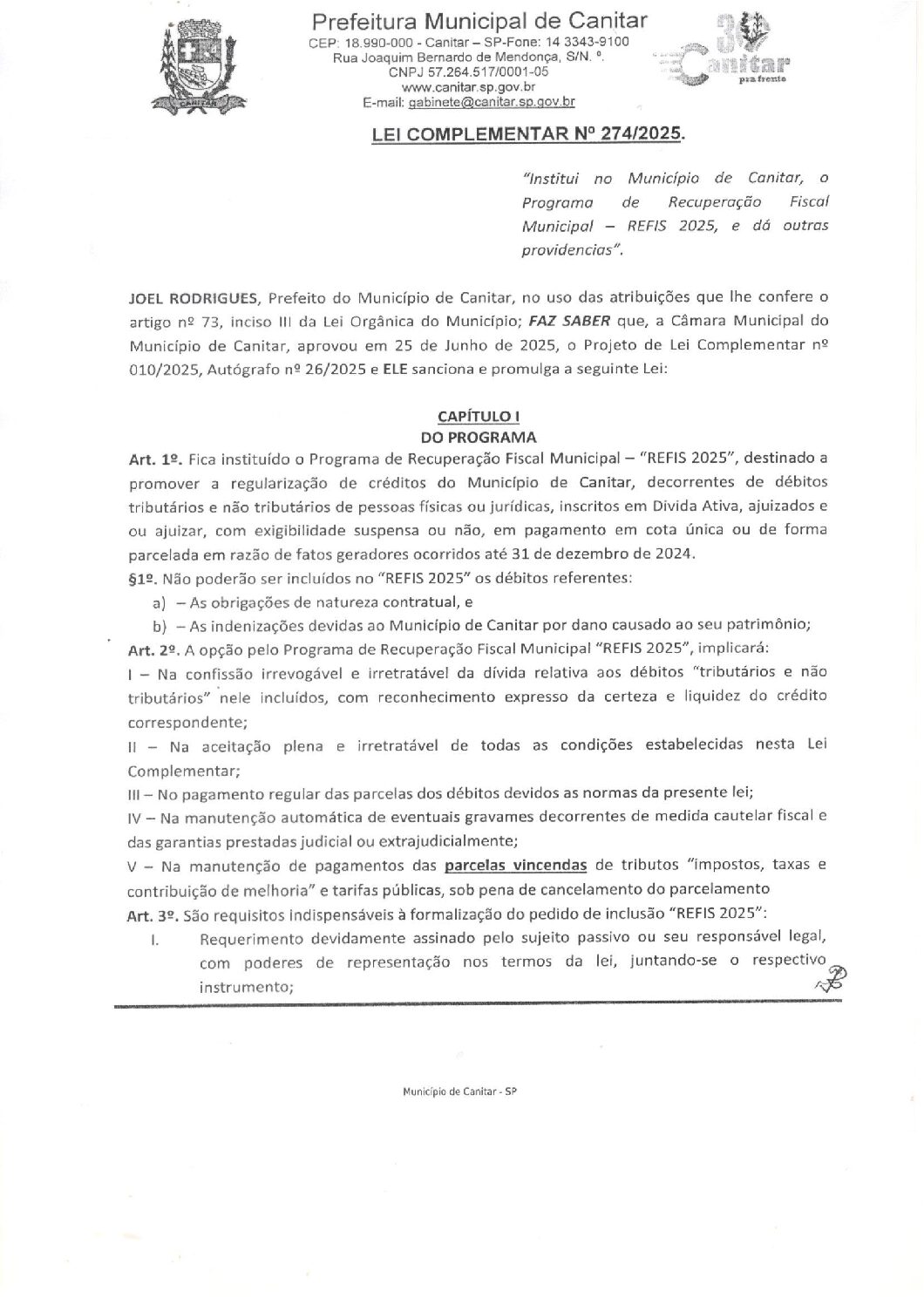 Leia mais sobre o artigo Lei Complementar nº 274 2025   Refis 2025