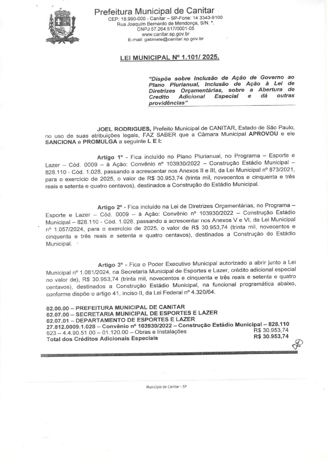 Leia mais sobre o artigo Lei Municipal nº 1101 2025   Dispõe sobre Abertura de Crédito, Construção do Estádio Municipal   Grama.
