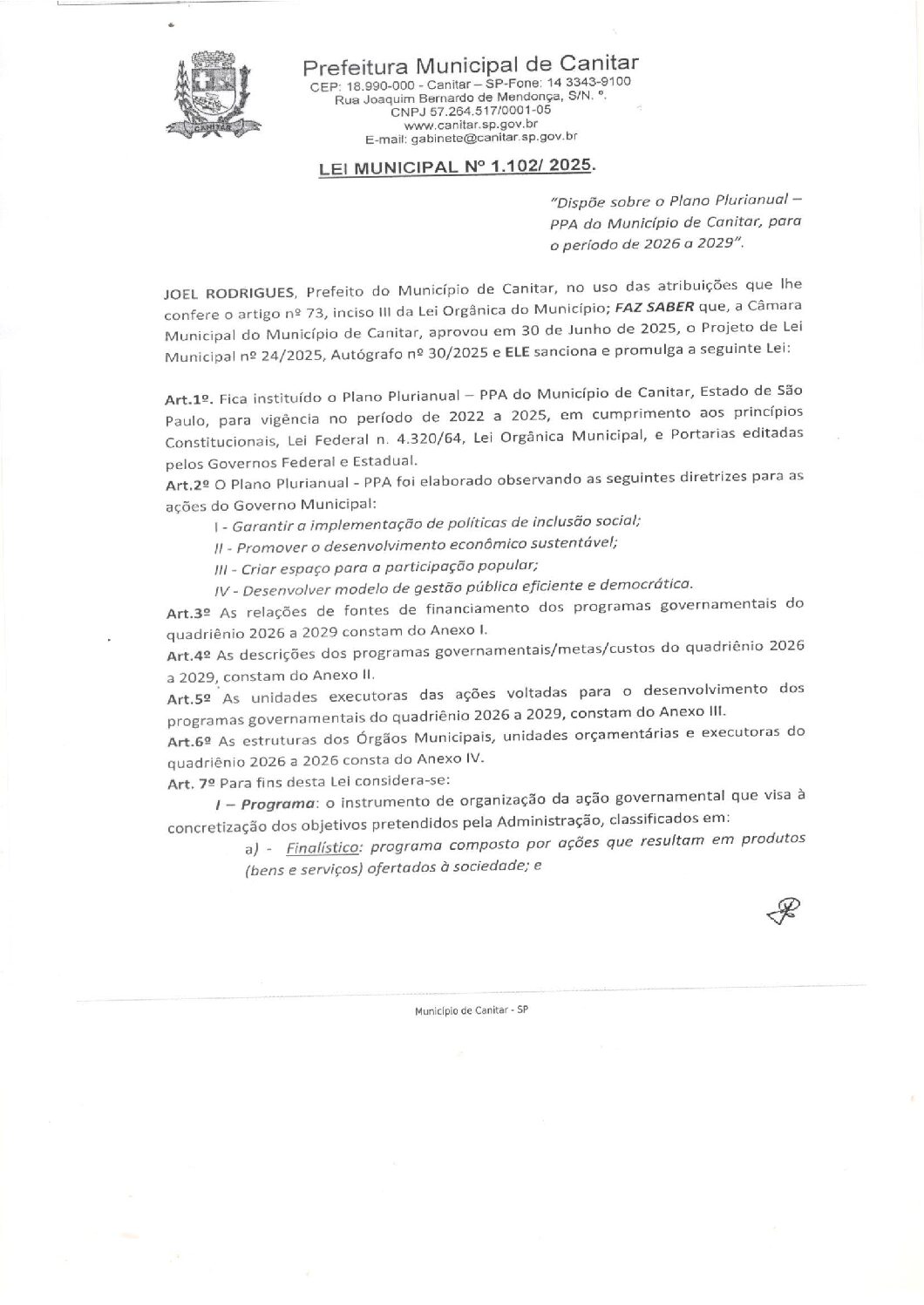 Leia mais sobre o artigo Lei Municipal nº 1102 2025   PPA de 2026 a 2029.