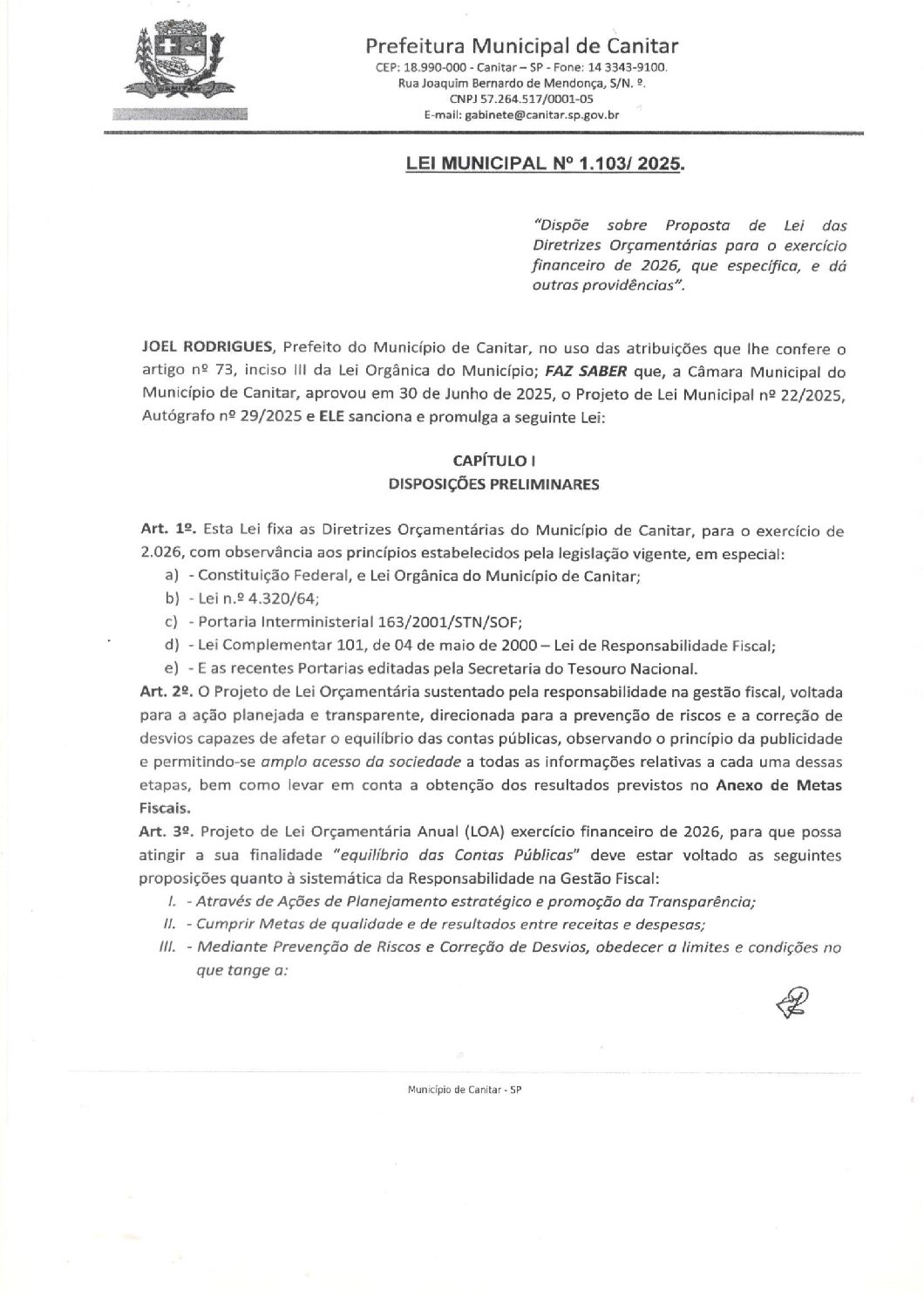 Leia mais sobre o artigo Lei Municipal nº 1103 2025   Lei das Diretrizes Orçamentárias para 2026   LDO.